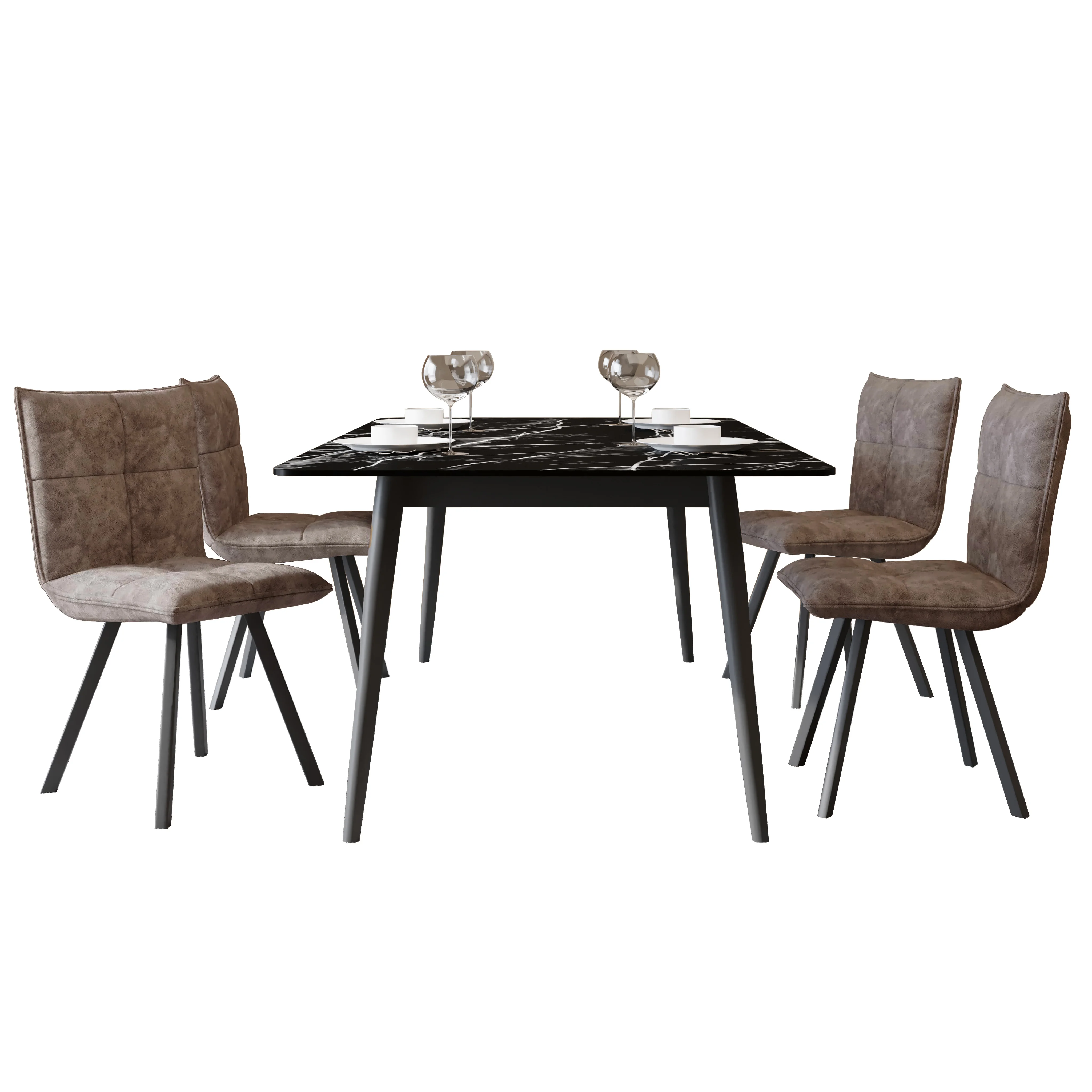 Zayle 5-Piece Dining Set with 55" Rectangular Dining Table in Black/Gold Sintered Stone Top and 4 Leather Dining Chairs in Grey