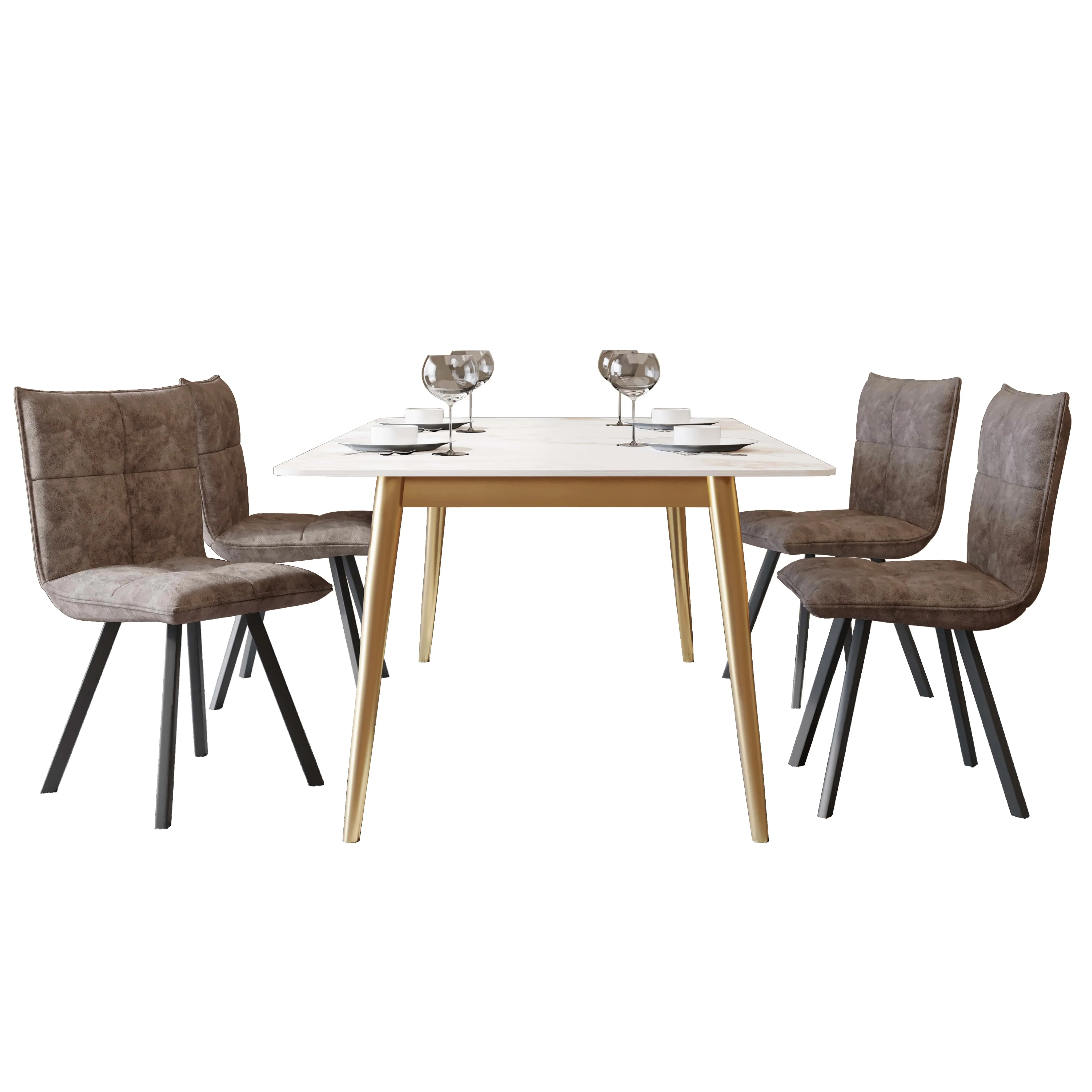 Zayle 5-Piece Dining Set with 55" Rectangular Dining Table in White Grey Sintered Stone Top and 4 Leather Dining Chairs in Peacock Blue