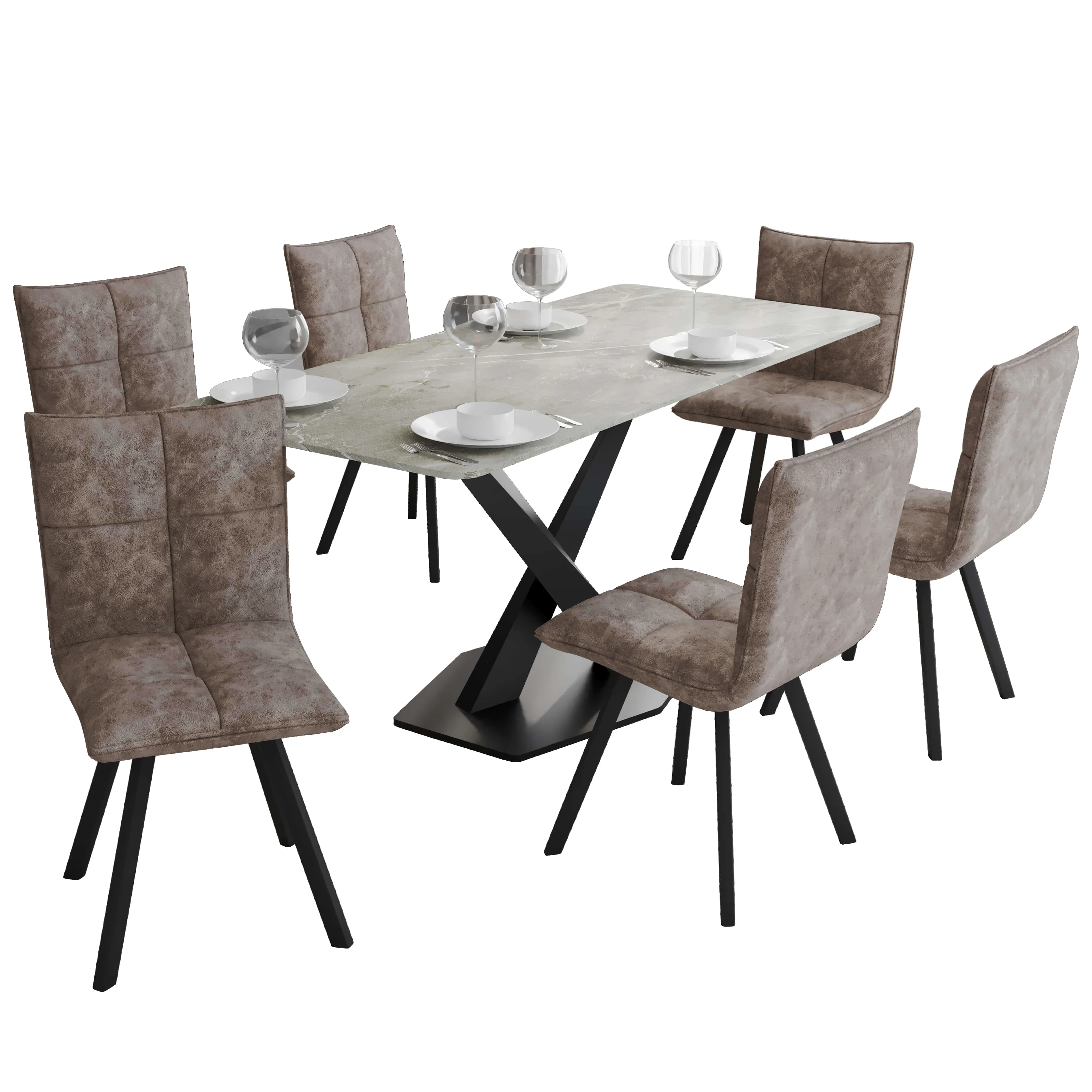 Voren 7-Piece Dining Set with 55" Rectangular Dining Table with Sintered Stone Top and Gold Base in Deep Grey and 6 Leather Dining Chairs in Grey