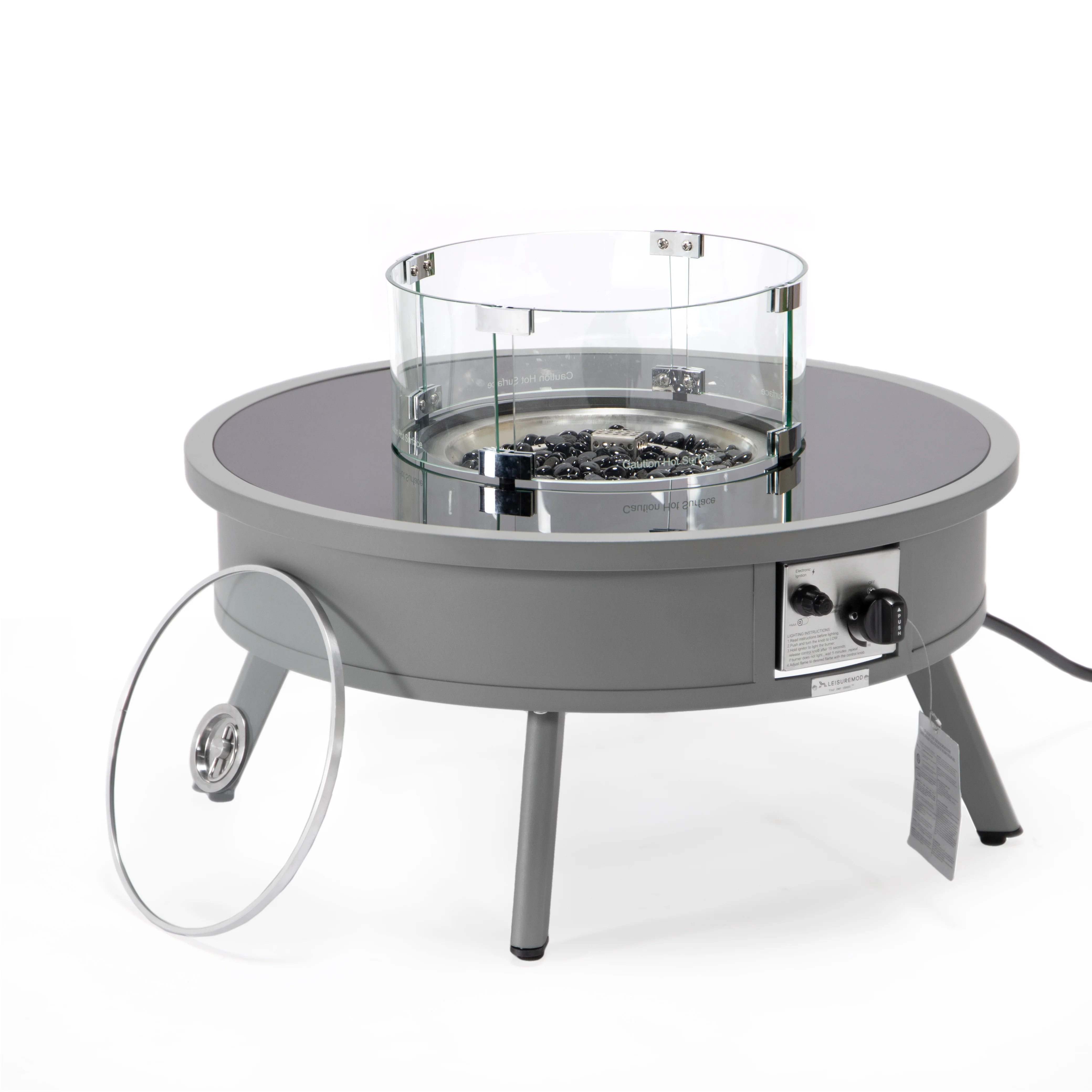 Walbrooke Outdoor Patio Aluminum Round Fire Pit Side Table with Lid and Fire Glass for Patio and Backyard Garden