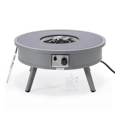 Walbrooke Outdoor Patio Aluminum Round Fire Pit Side Table with Lid and Fire Glass for Patio and Backyard Garden