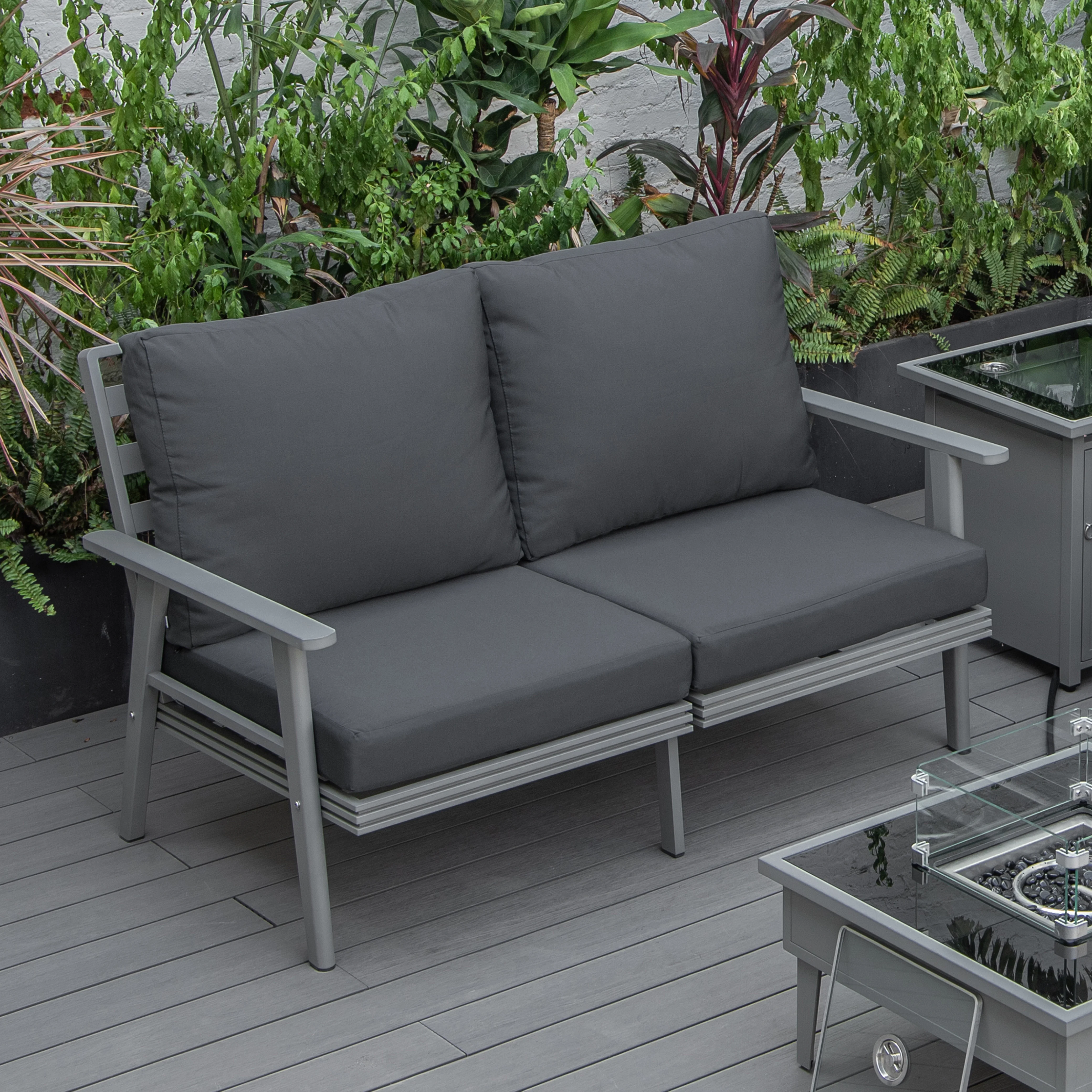 Walbrooke Modern Outdoor Patio Loveseat with Gray Aluminum Frame and Removable Cushions For Patio and Backyard Garden