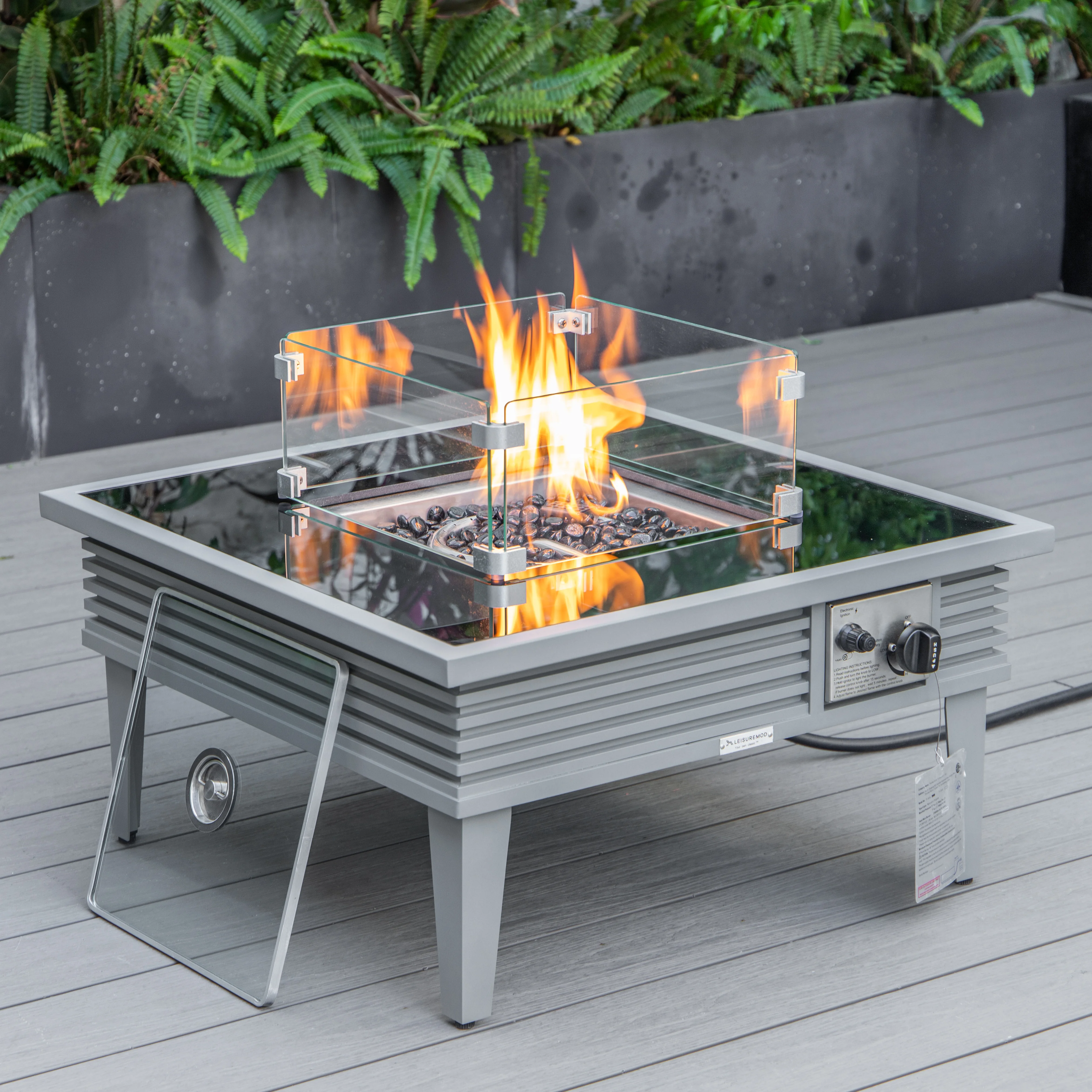 Walbrooke Patio Square Fire Pit and Tank Holder with Slats Design in Grey