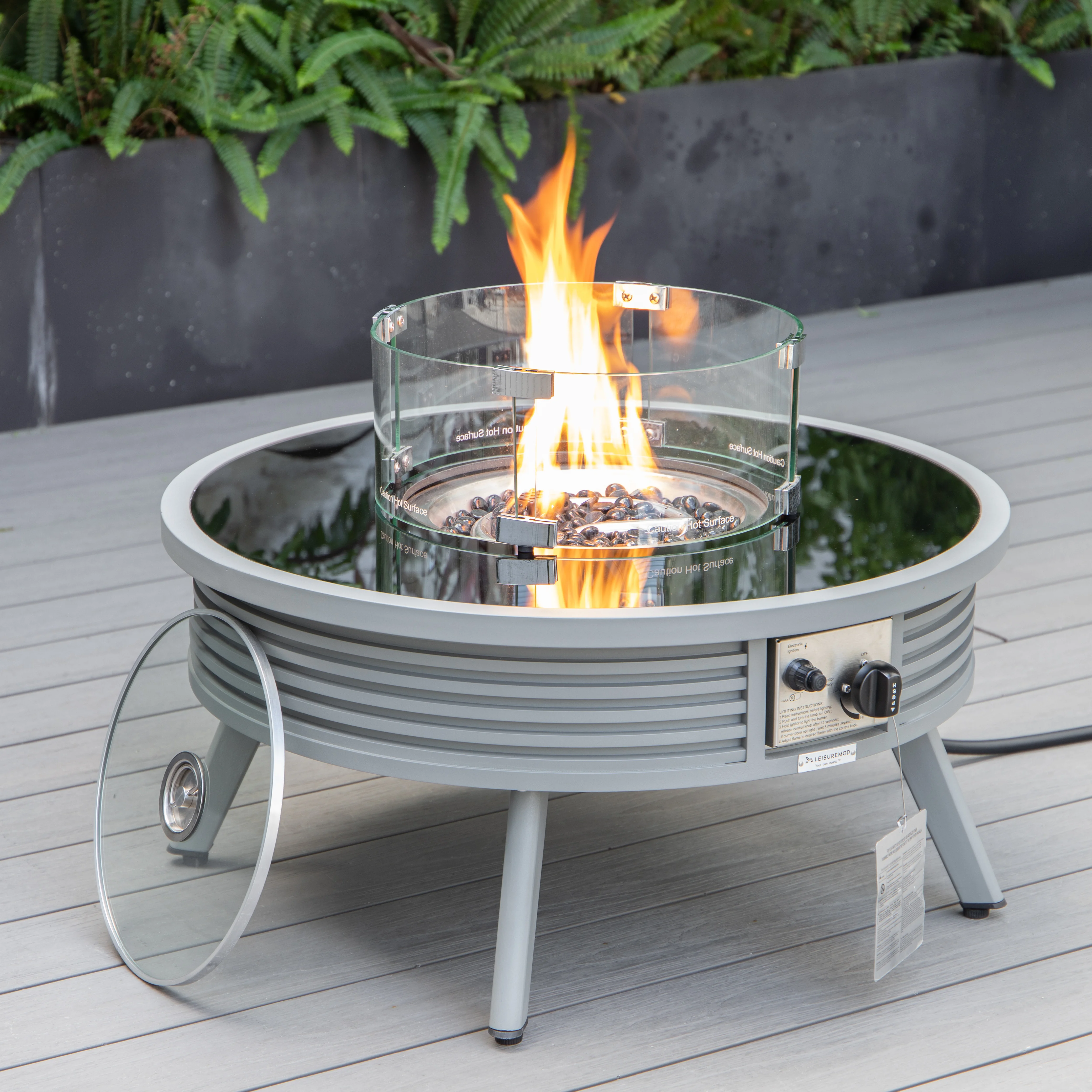 Walbrooke Patio Round Fire Pit and Tank Holder with Slats Design in Grey