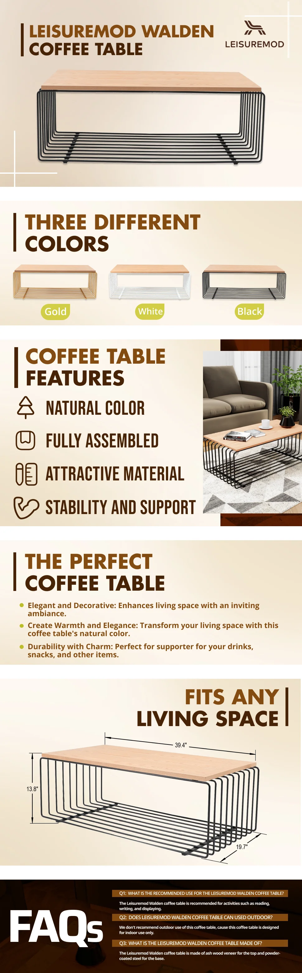 Walden Rectangular Coffee Table with Ash Veneer Top and Powder Coated Steel Frame in Black