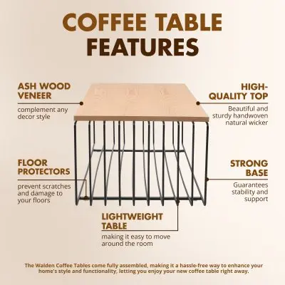 Walden Rectangular Coffee Table with Ash Veneer Top and Powder Coated Steel Frame in Black