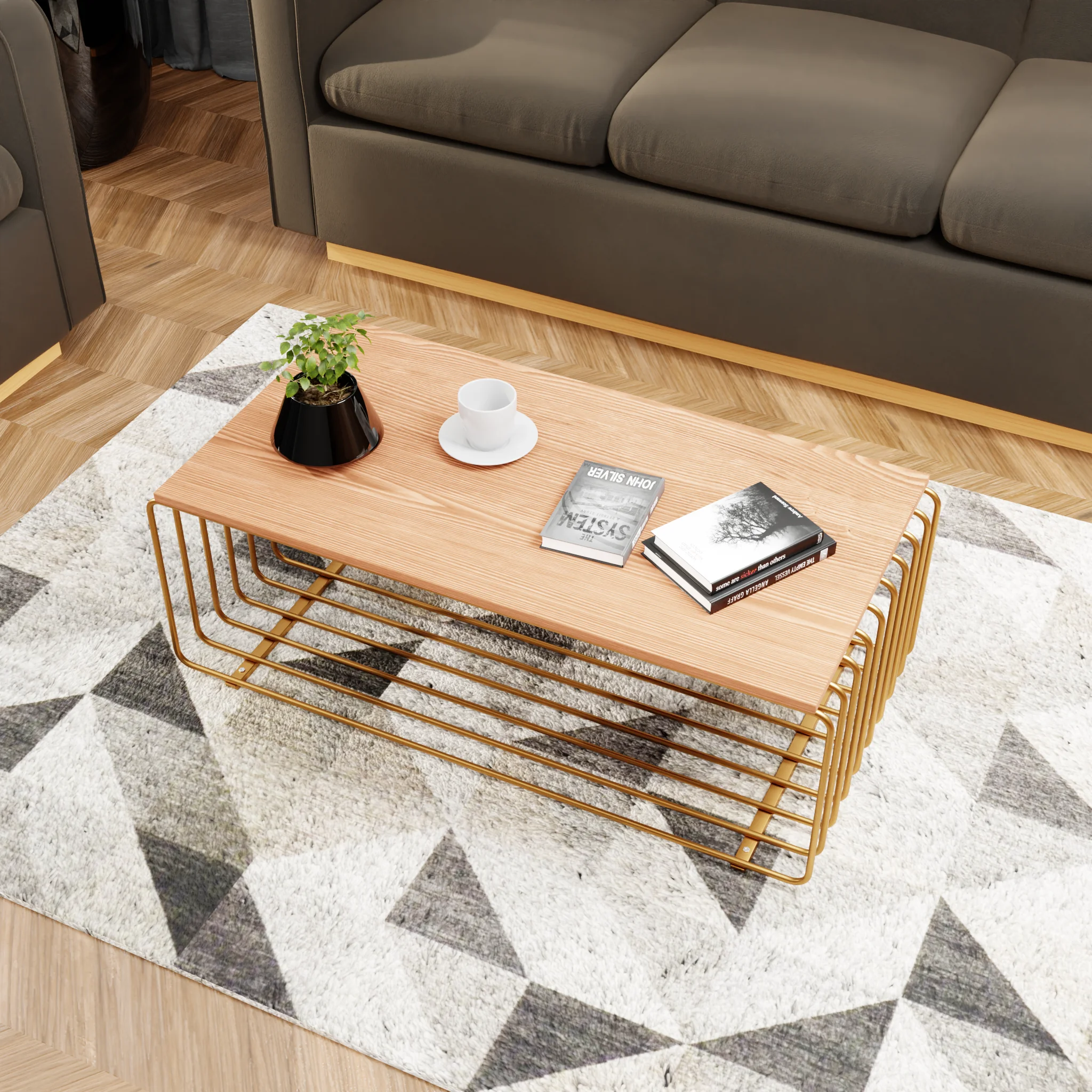 Walden Rectangular Coffee Table with Ash Veneer Top and Powder Coated Steel Frame in Gold