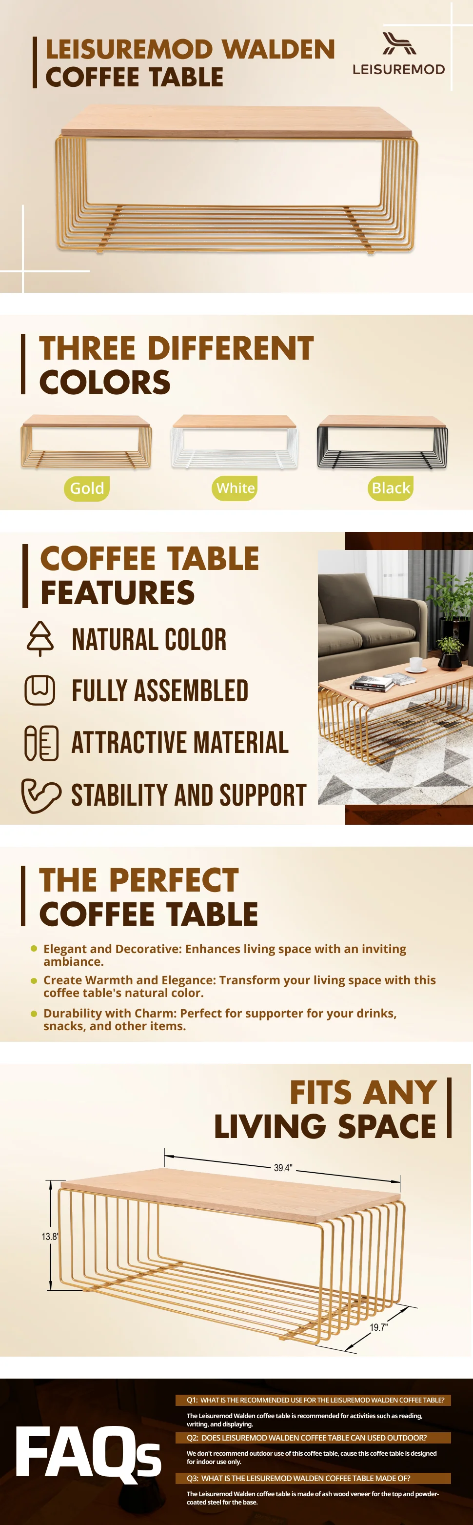 Walden Rectangular Coffee Table with Ash Veneer Top and Powder Coated Steel Frame in Gold