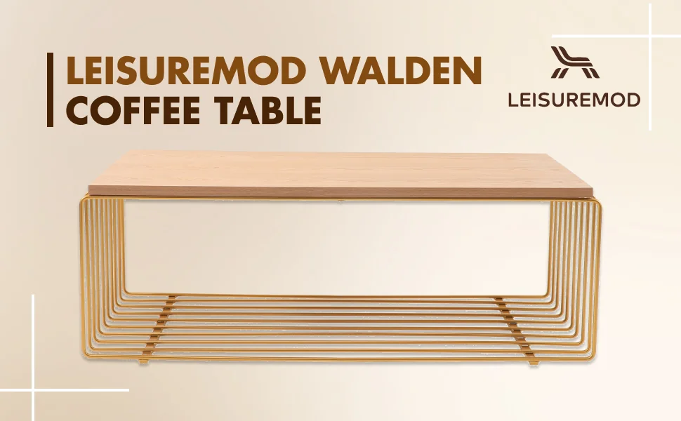 Walden Rectangular Coffee Table with Ash Veneer Top and Powder Coated Steel Frame in Gold