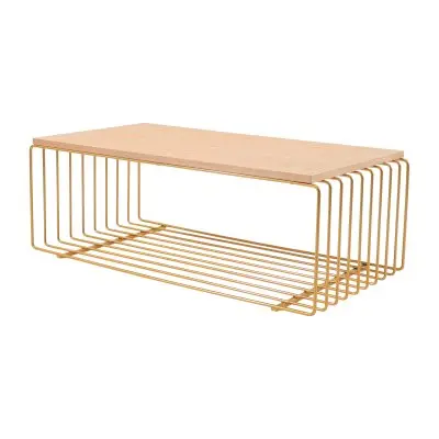 Walden Rectangular Coffee Table with Ash Veneer Top and Powder Coated Steel Frame in Gold
