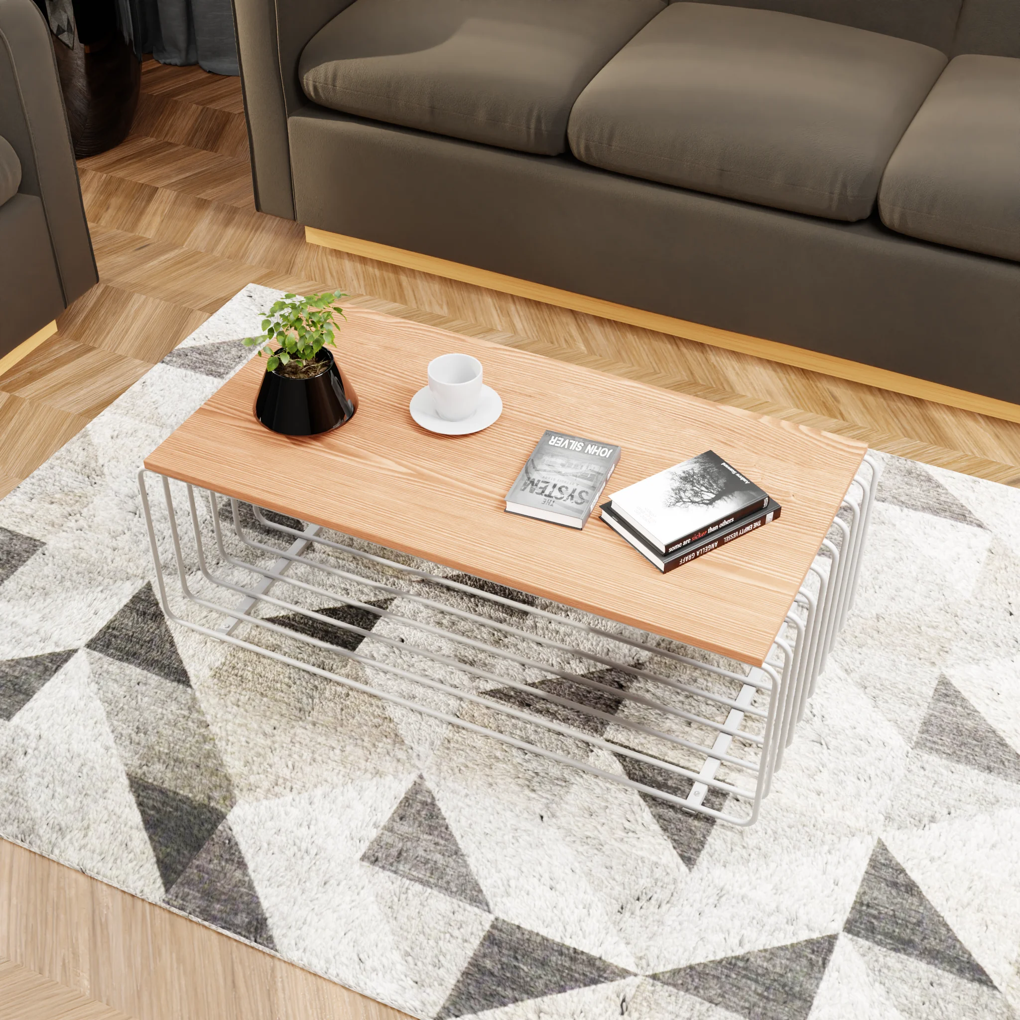 Walden Rectangular Coffee Table with Ash Veneer Top and Powder Coated Steel Frame in White