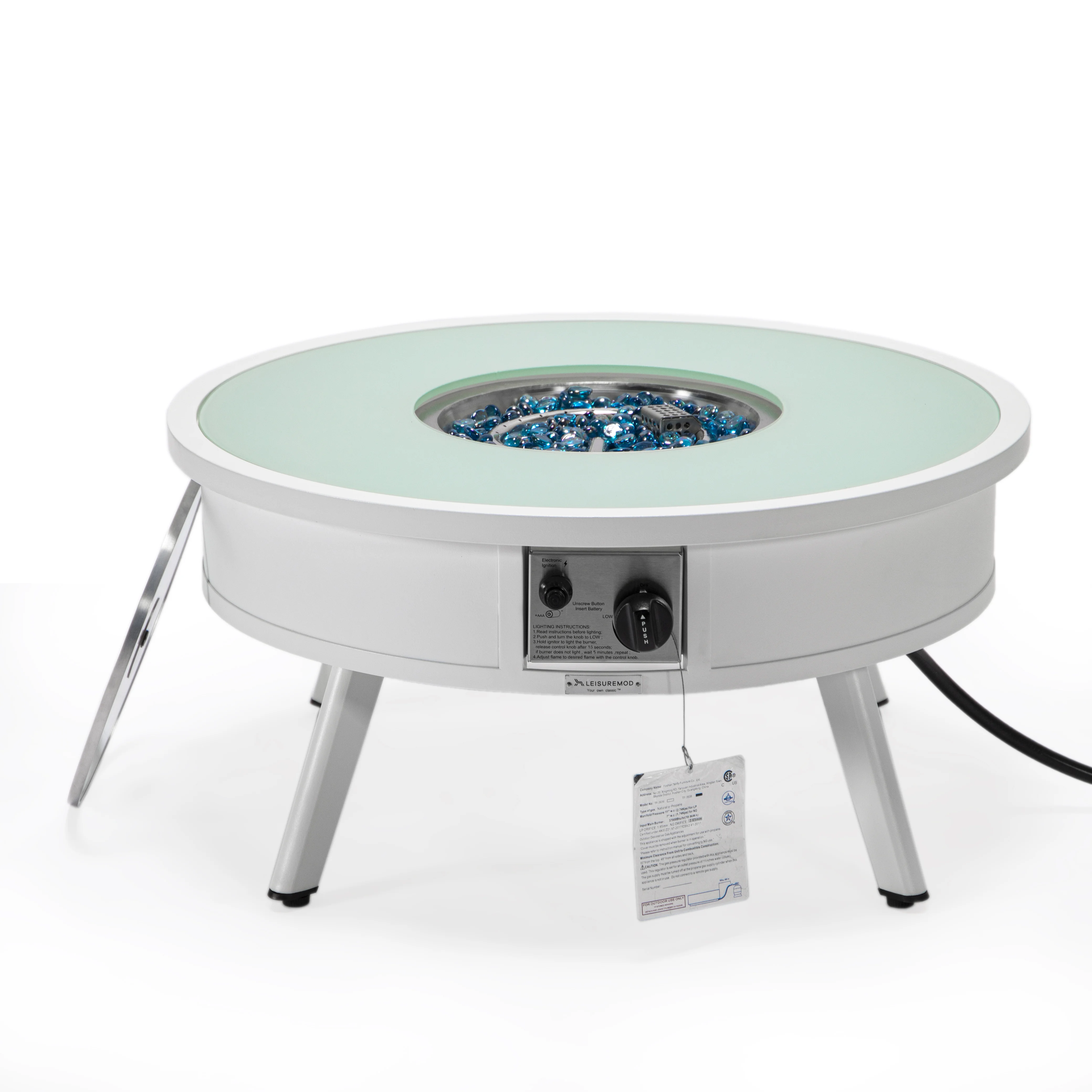 Walbrooke Outdoor Patio Aluminum Round Fire Pit Side Table with Lid and Fire Glass for Patio and Backyard Garden