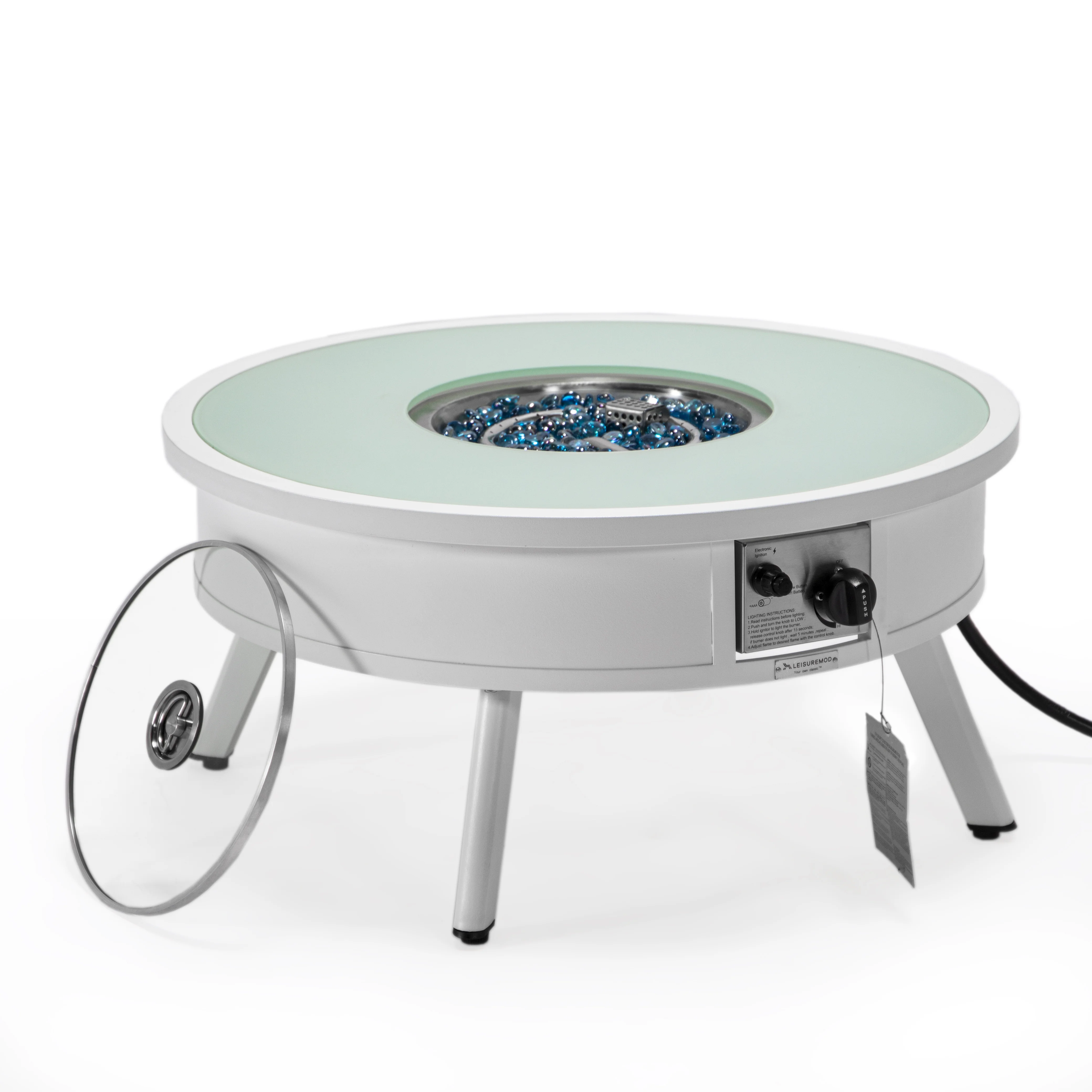 Walbrooke Outdoor Patio Aluminum Round Fire Pit Side Table with Lid and Fire Glass for Patio and Backyard Garden