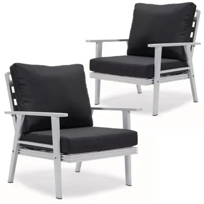 Walbrooke Outdoor Patio White Aluminum Armchairs With Cushions Set Of 2 in Charcoal