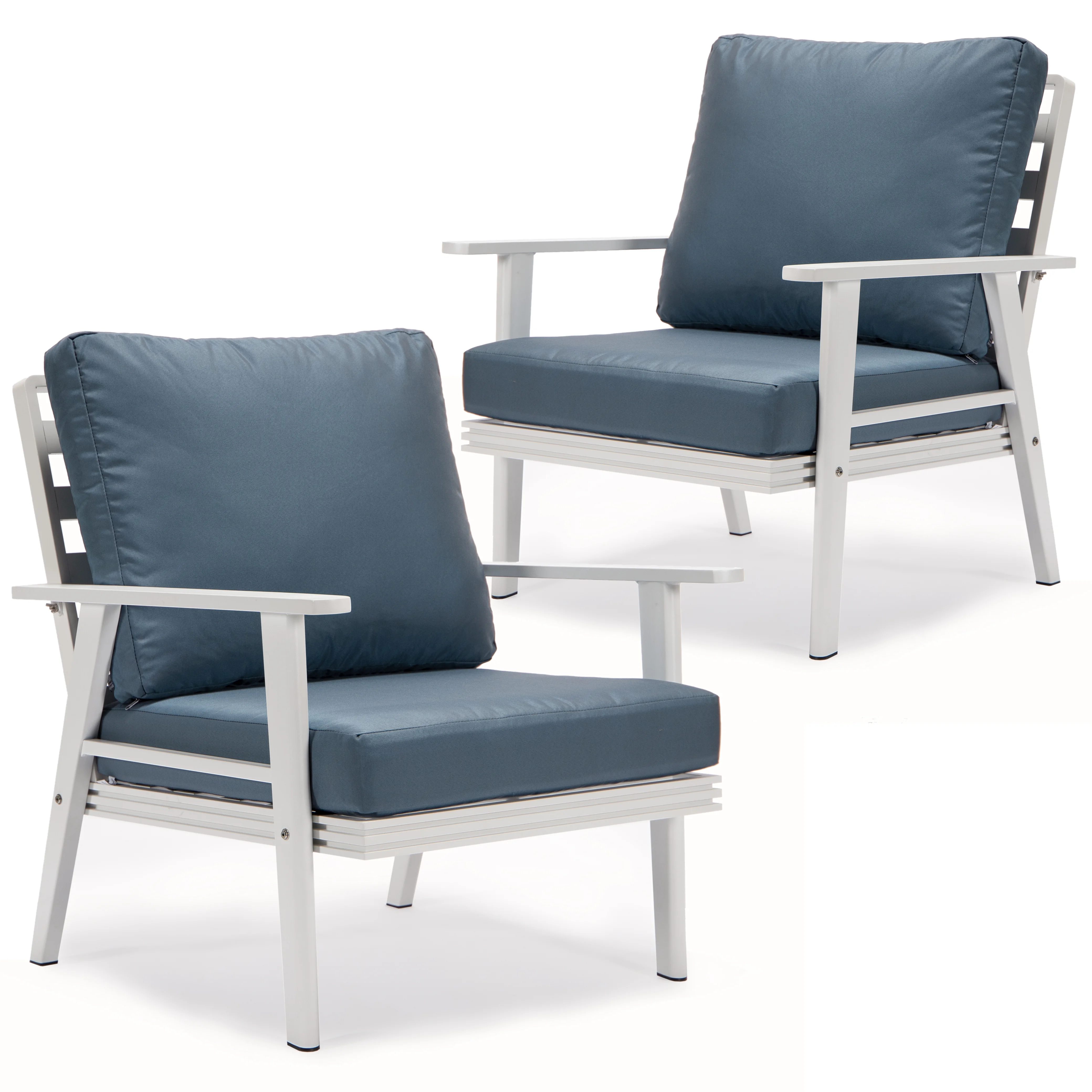 Walbrooke Outdoor Patio White Aluminum Armchairs With Cushions Set Of 2 in Navy Blue