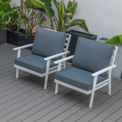Walbrooke Outdoor Patio White Aluminum Armchairs With Cushions Set Of 2 in Navy Blue
