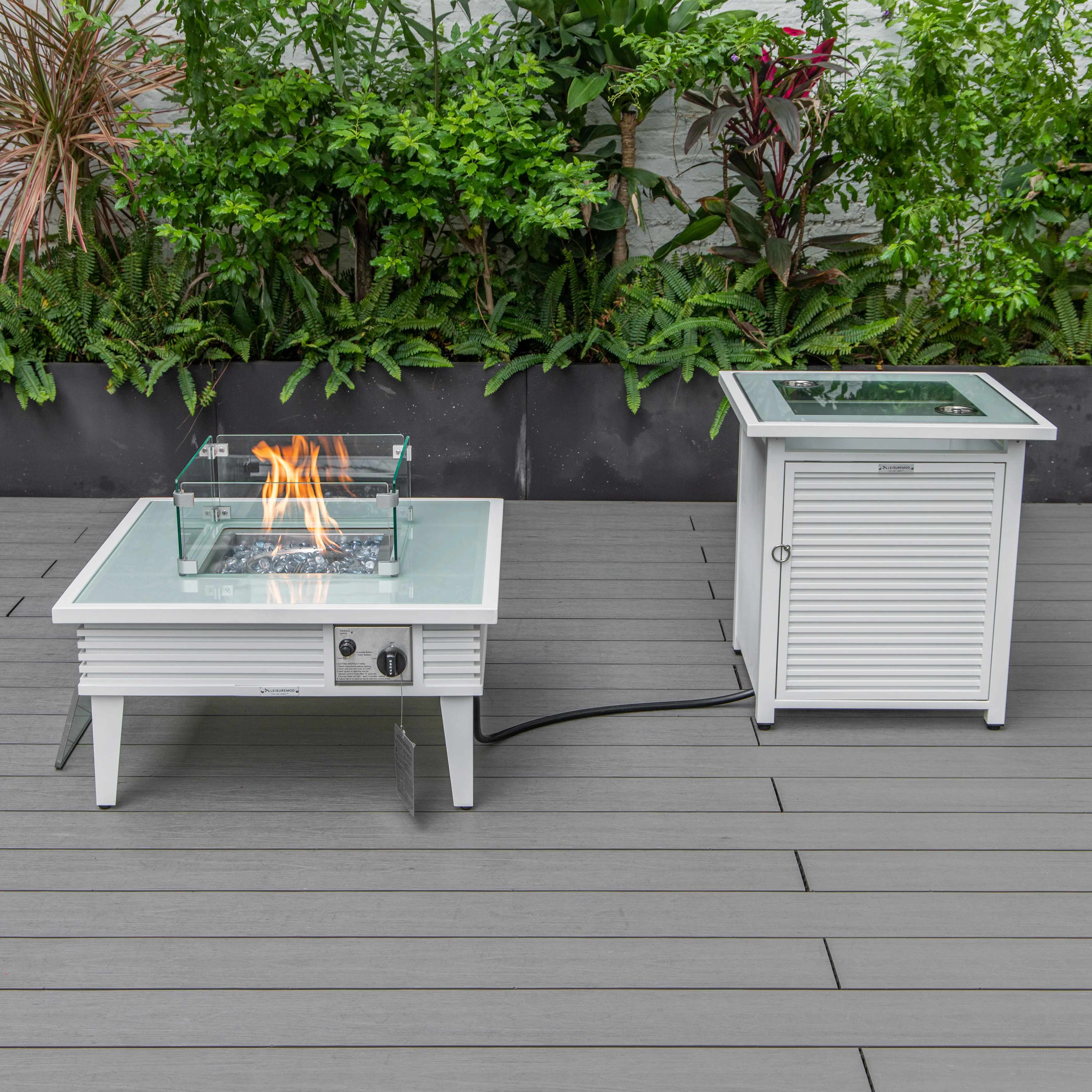 Walbrooke Patio Square Fire Pit and Tank Holder with Slats Design in White
