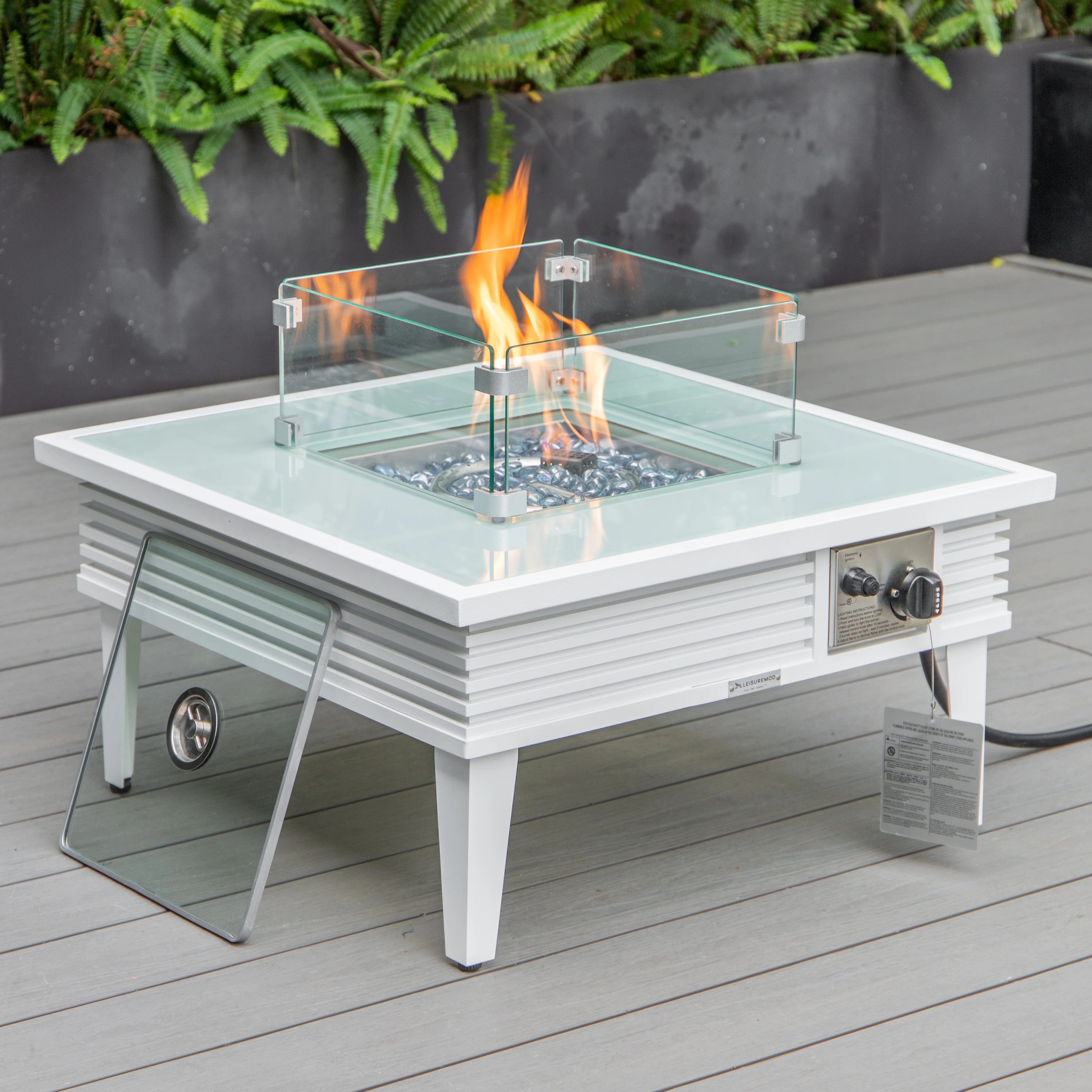 Walbrooke Patio Square Fire Pit and Tank Holder with Slats Design in White