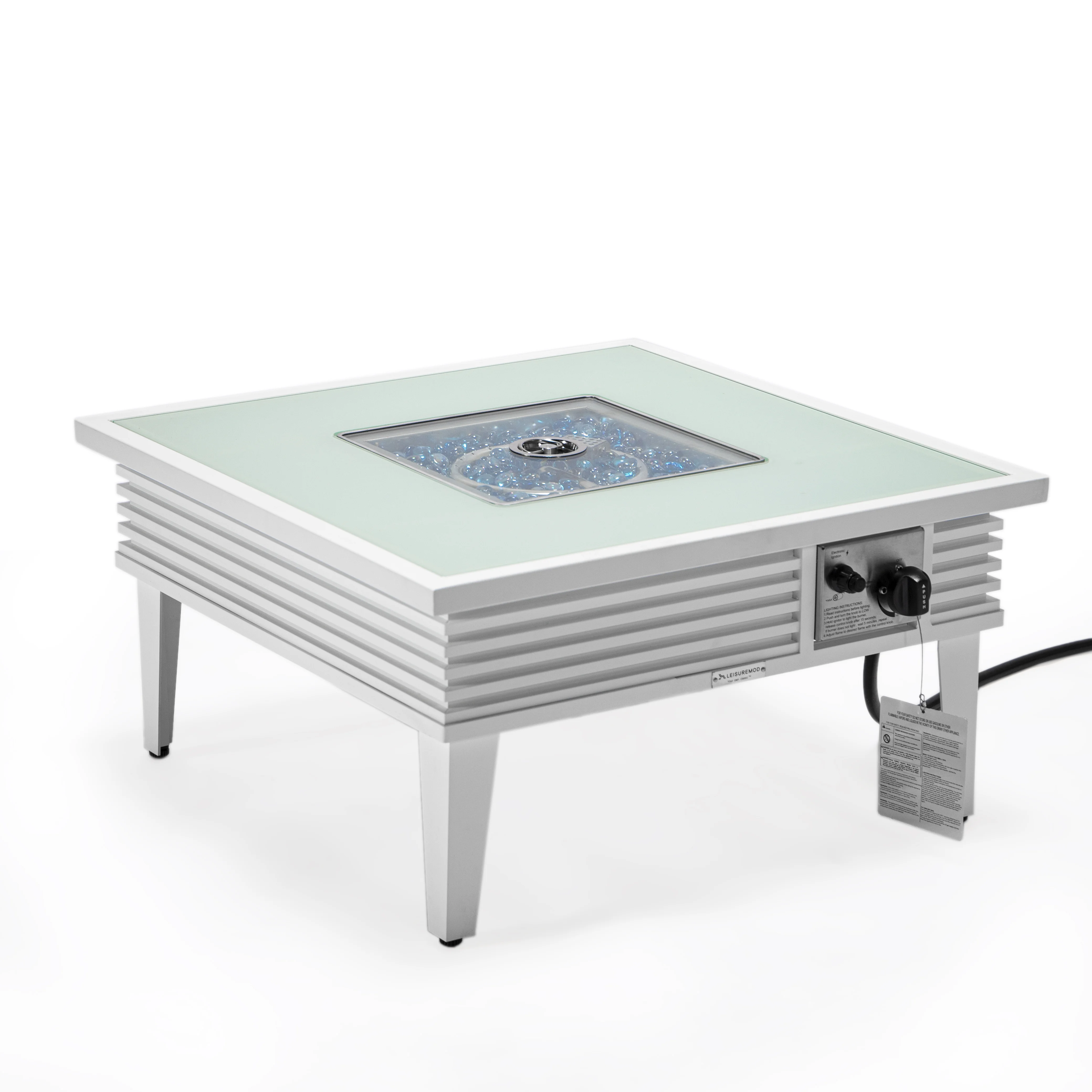 Walbrooke Outdoor Patio Aluminum Square Slats Design Fire Pit Side Table with Lid and Fire Glass for Patio and Backyard Garden