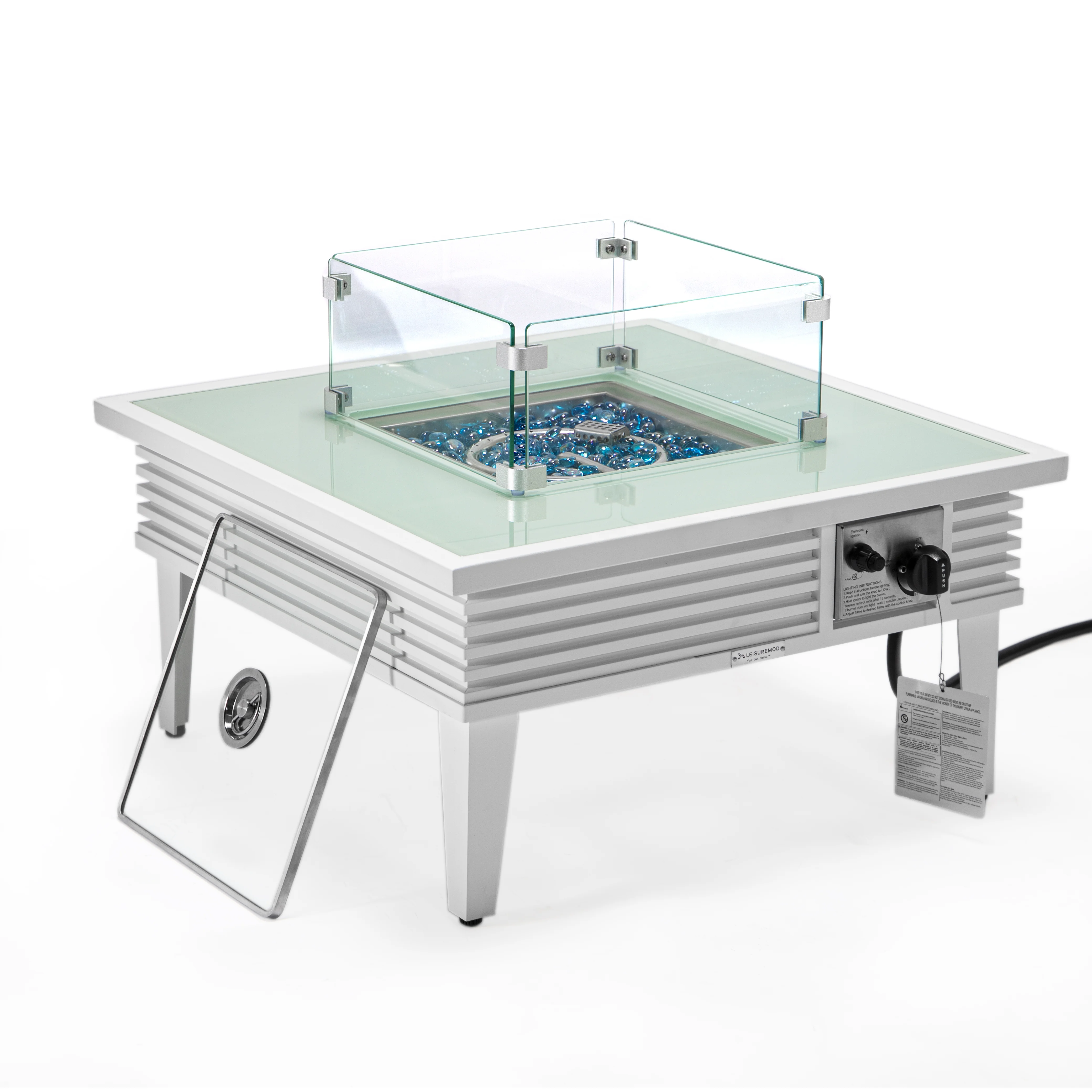 Walbrooke Outdoor Patio Aluminum Square Slats Design Fire Pit Side Table with Lid and Fire Glass for Patio and Backyard Garden