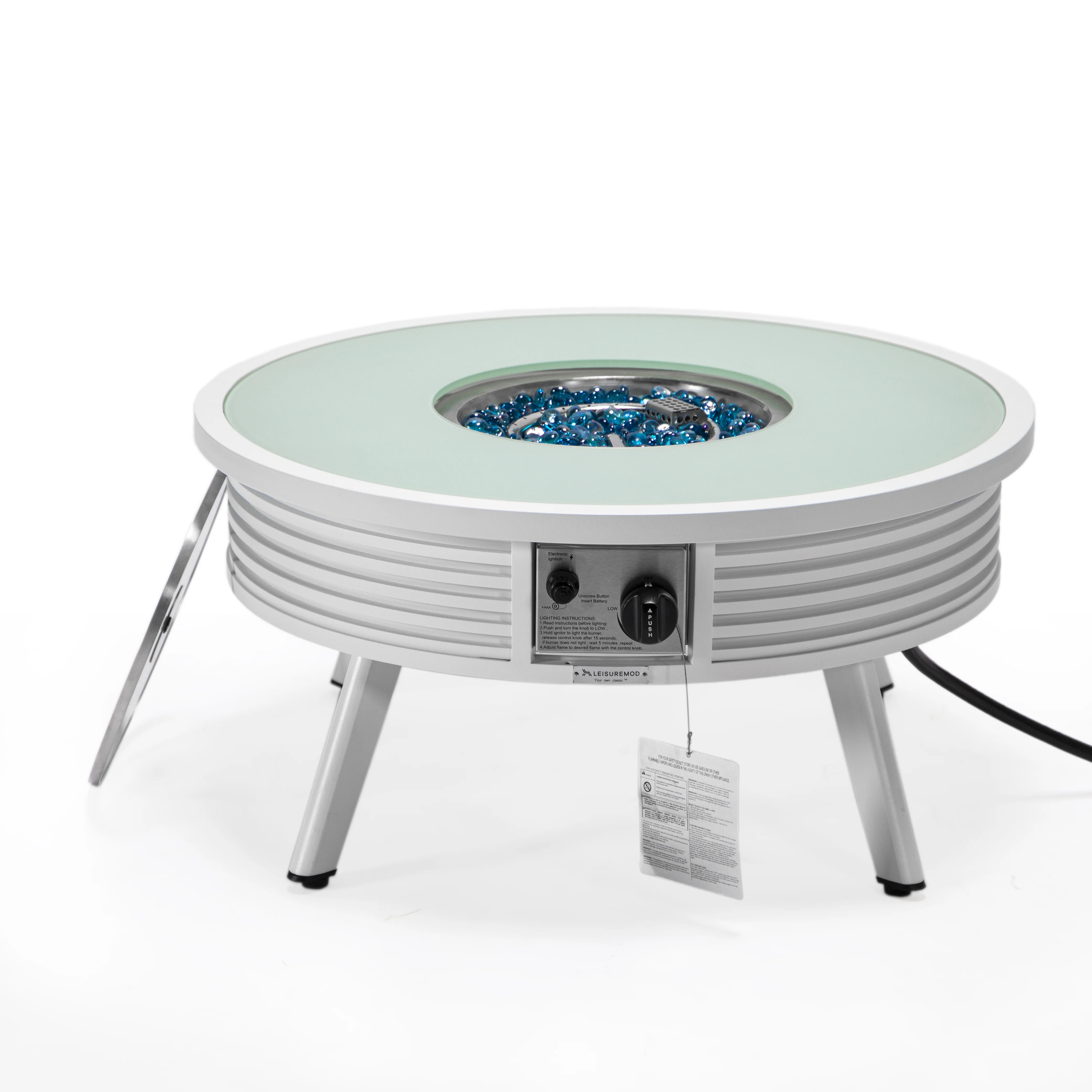 Walbrooke Outdoor Patio Aluminum Round Slats Design Fire Pit Side Table with Lid and Fire Glass for Patio and Backyard Garden