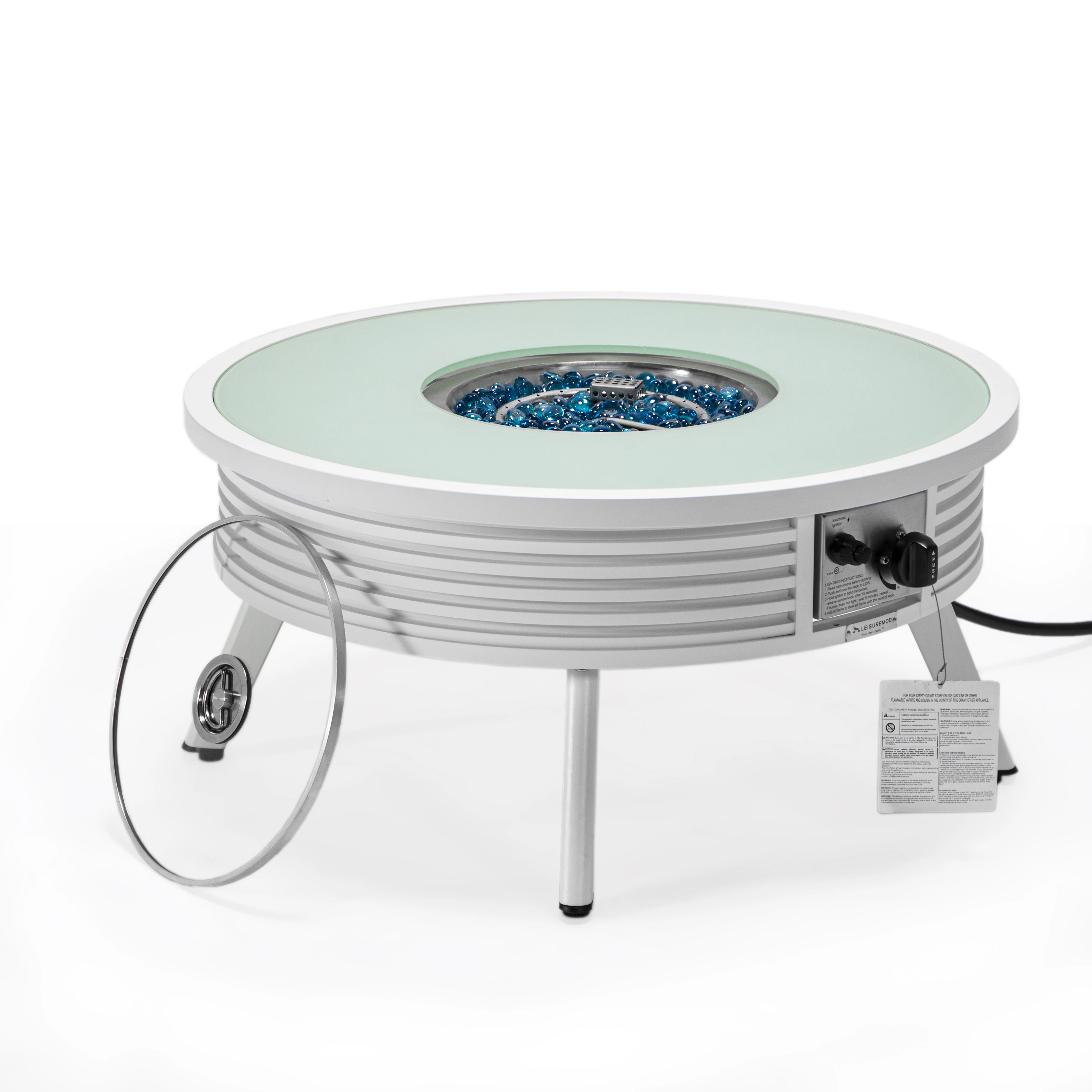 Walbrooke Outdoor Patio Aluminum Round Slats Design Fire Pit Side Table with Lid and Fire Glass for Patio and Backyard Garden