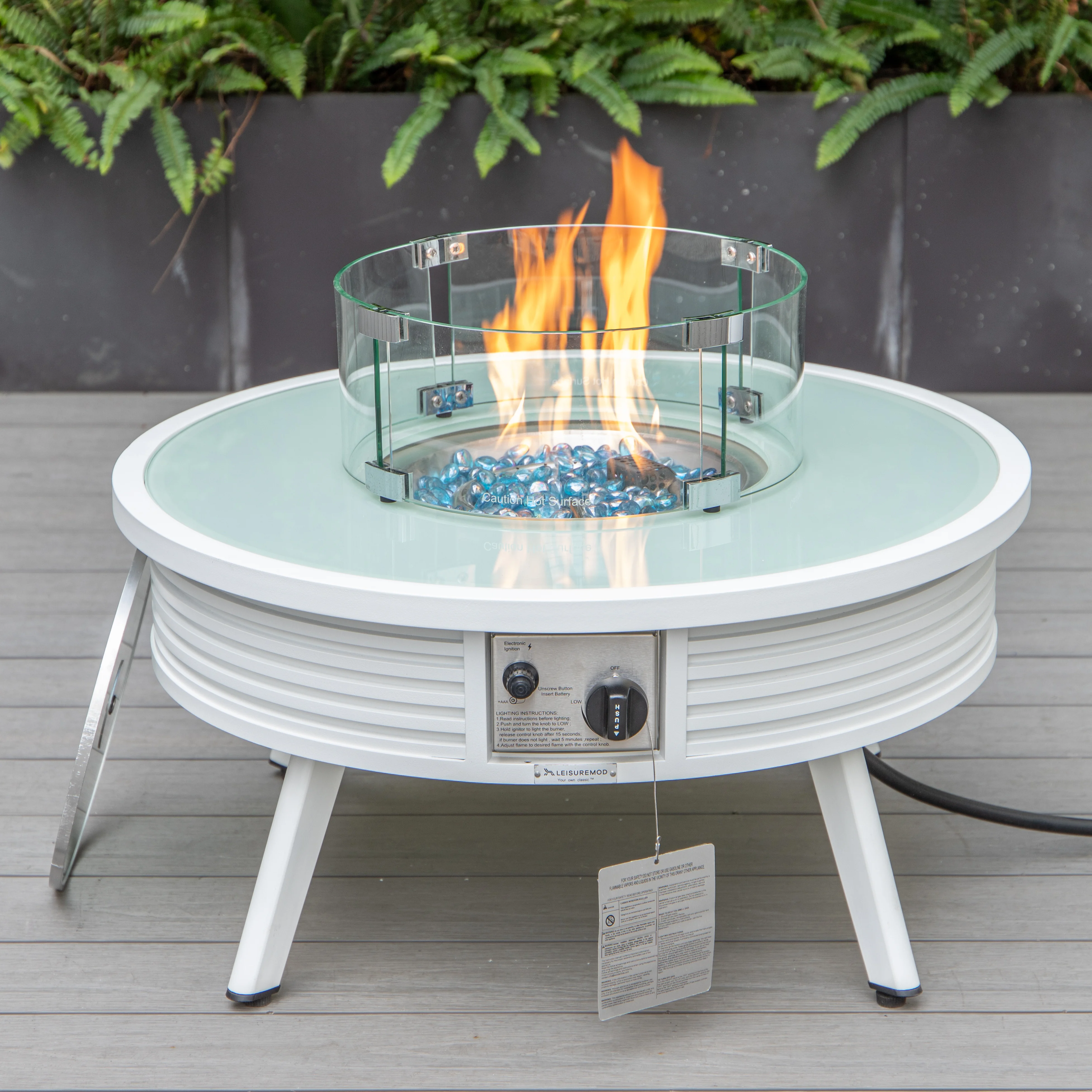 Walbrooke Outdoor Patio Aluminum Round Slats Design Fire Pit Side Table with Lid and Fire Glass for Patio and Backyard Garden