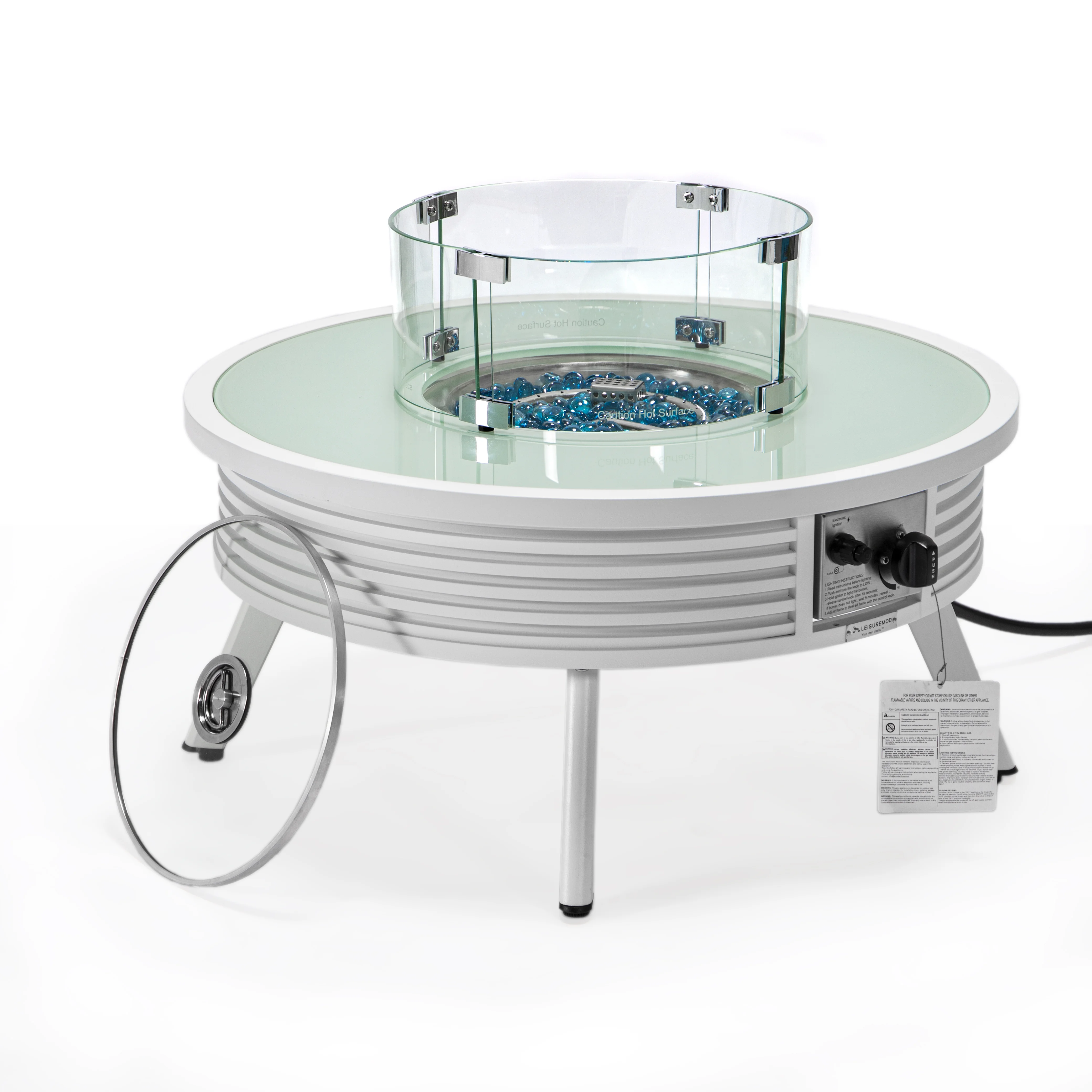 Walbrooke Outdoor Patio Aluminum Round Slats Design Fire Pit Side Table with Lid and Fire Glass for Patio and Backyard Garden