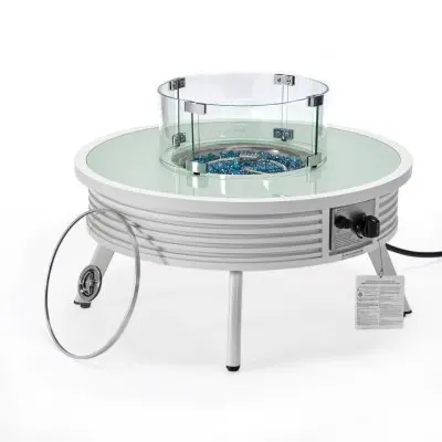 Walbrooke Outdoor Patio Aluminum Round Slats Design Fire Pit Side Table with Lid and Fire Glass for Patio and Backyard Garden