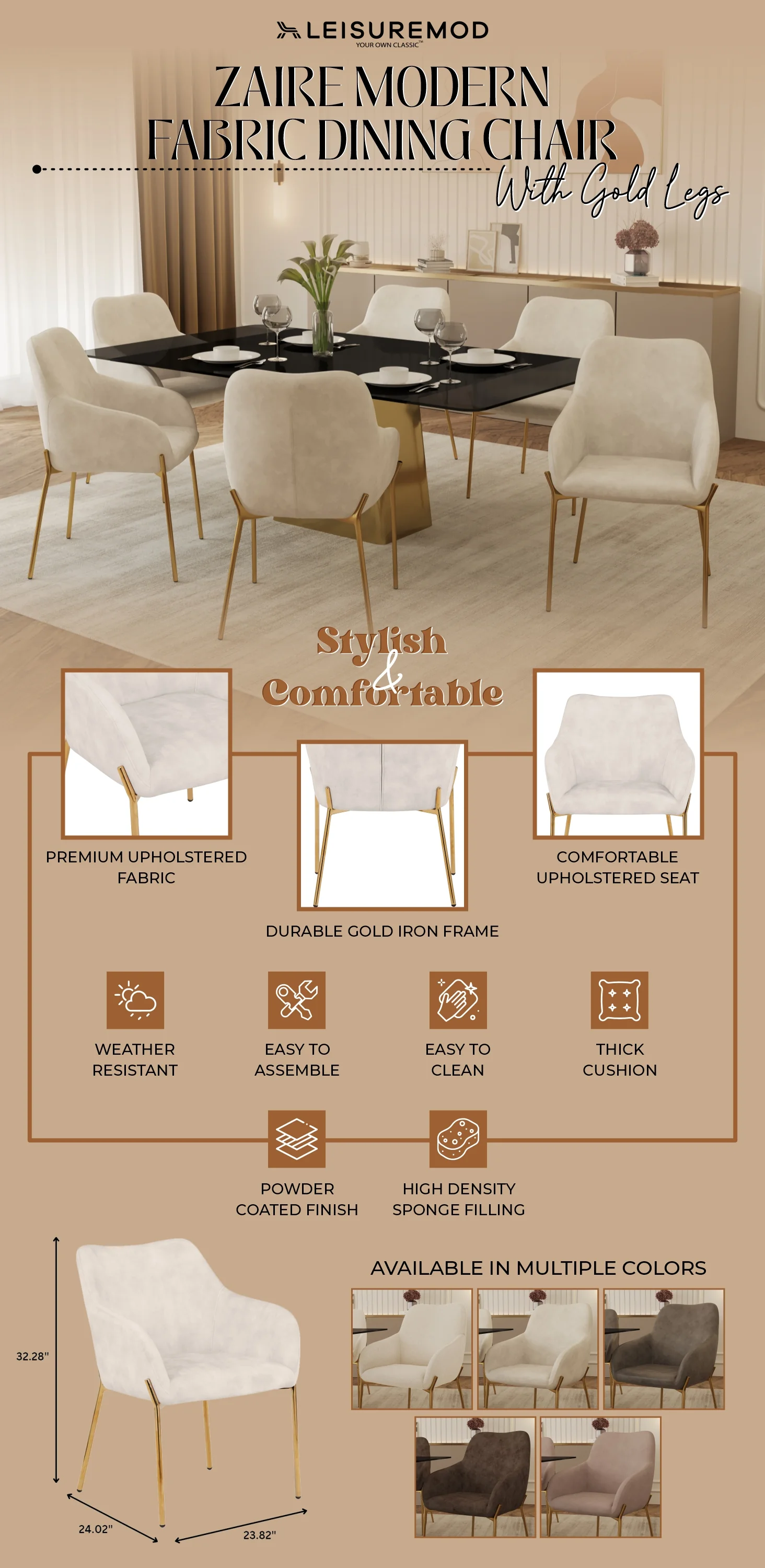 Zaire Collection Modern Dining Chair, Gold Legs and Beige Velvet