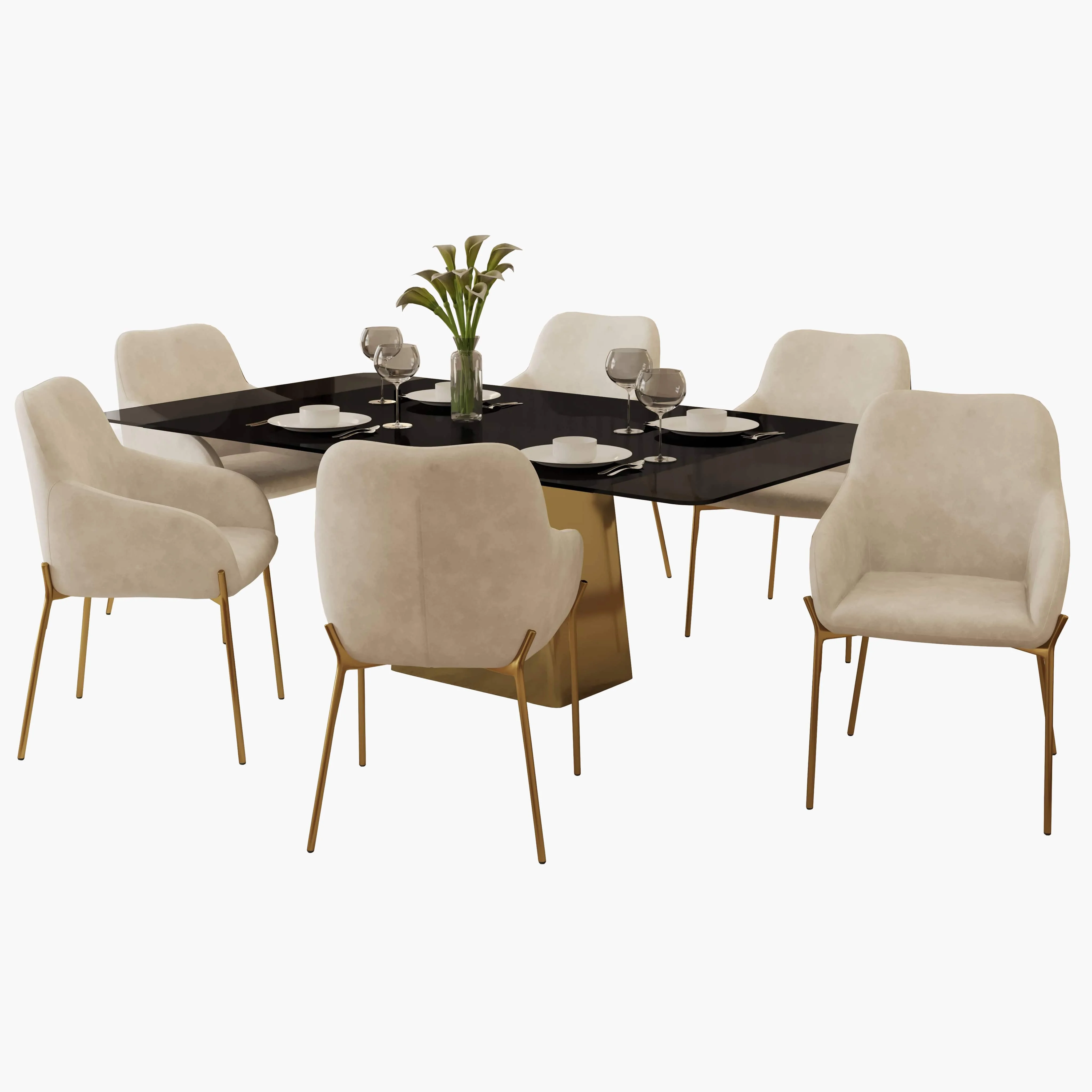 7-Piece Dining Set with Rectangular Glass Dining Table and 6 Upholstered Dining Arm Chairs