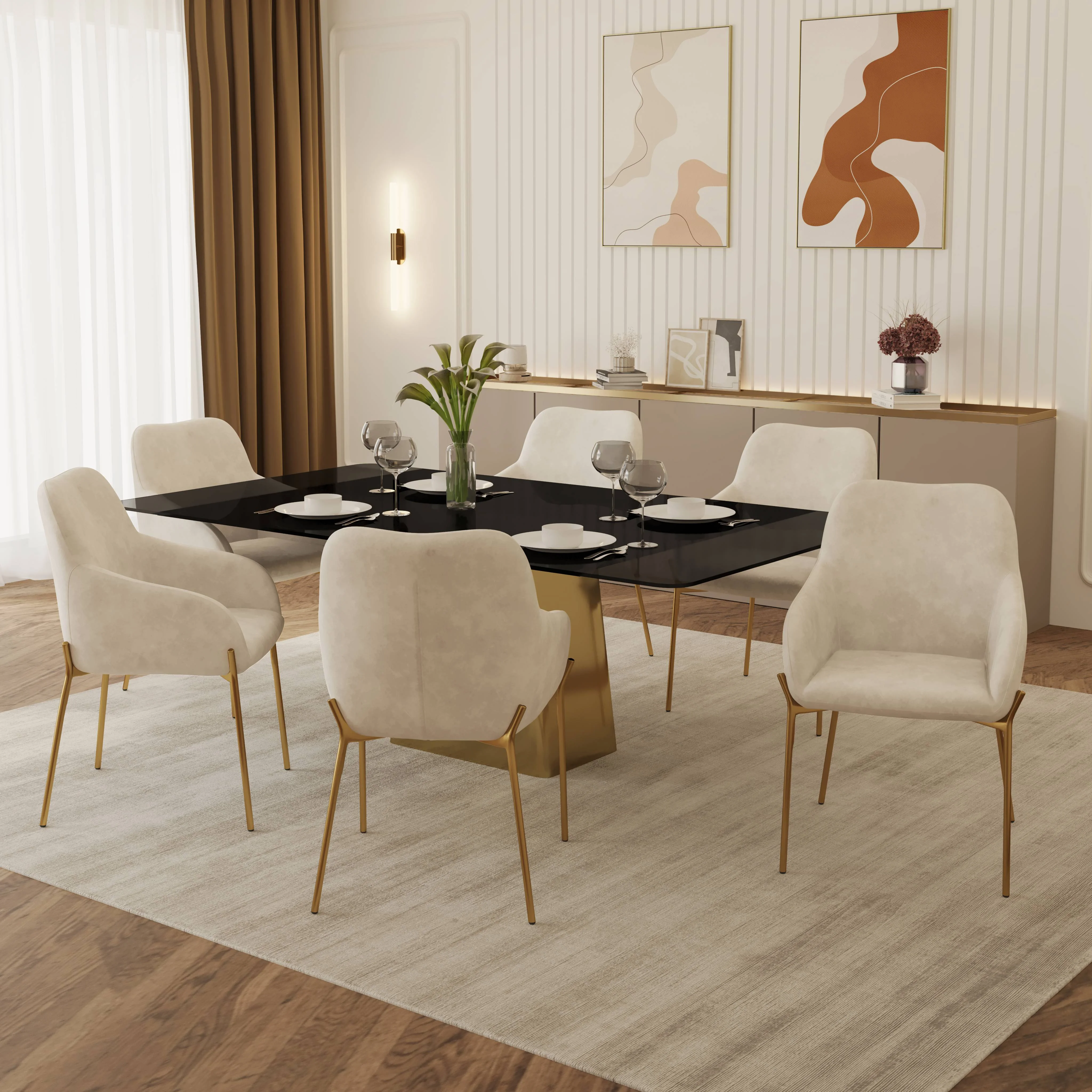 7-Piece Dining Set with Rectangular Glass Dining Table and 6 Upholstered Dining Arm Chairs