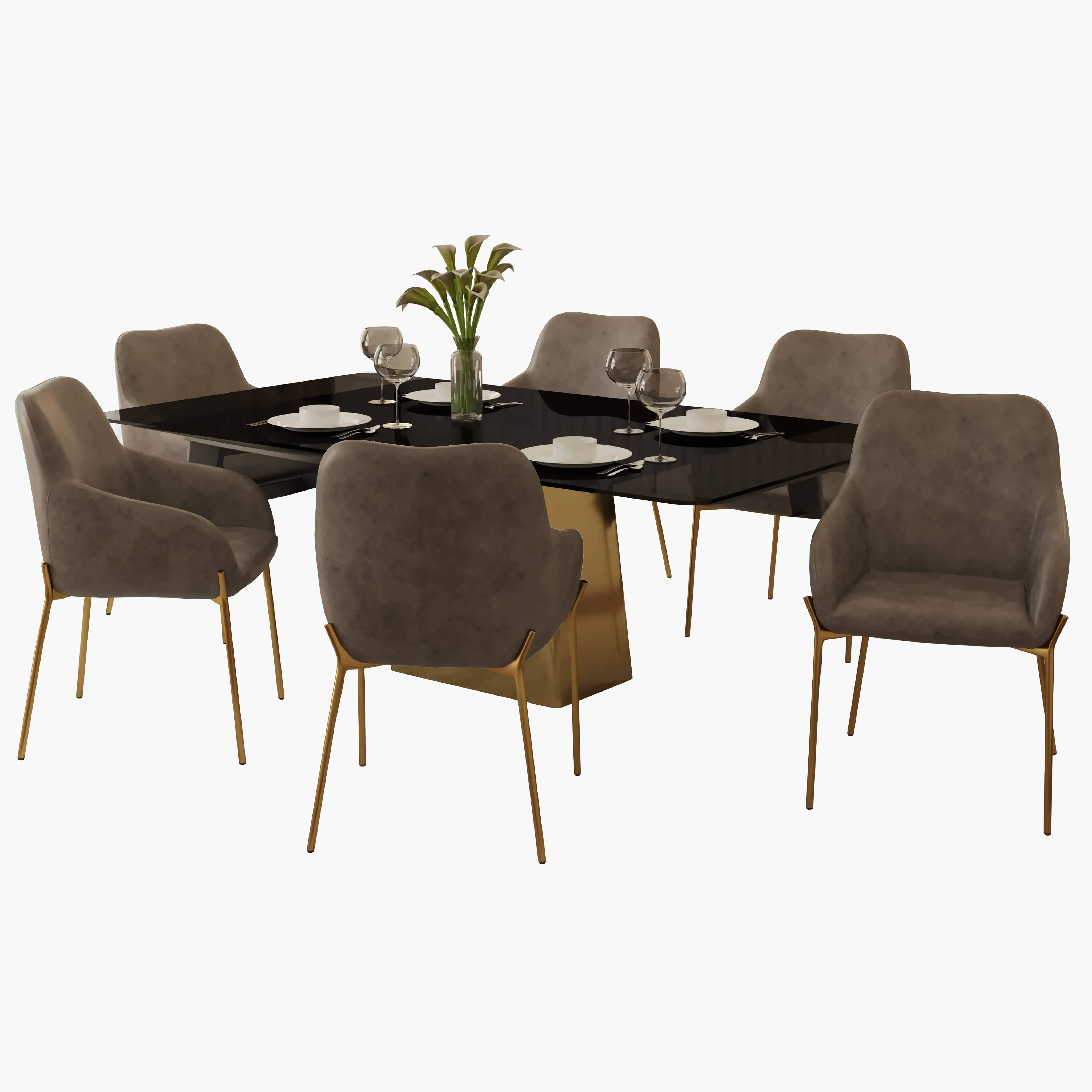 7-Piece Dining Set with Rectangular Glass Dining Table and 6 Upholstered Dining Arm Chairs