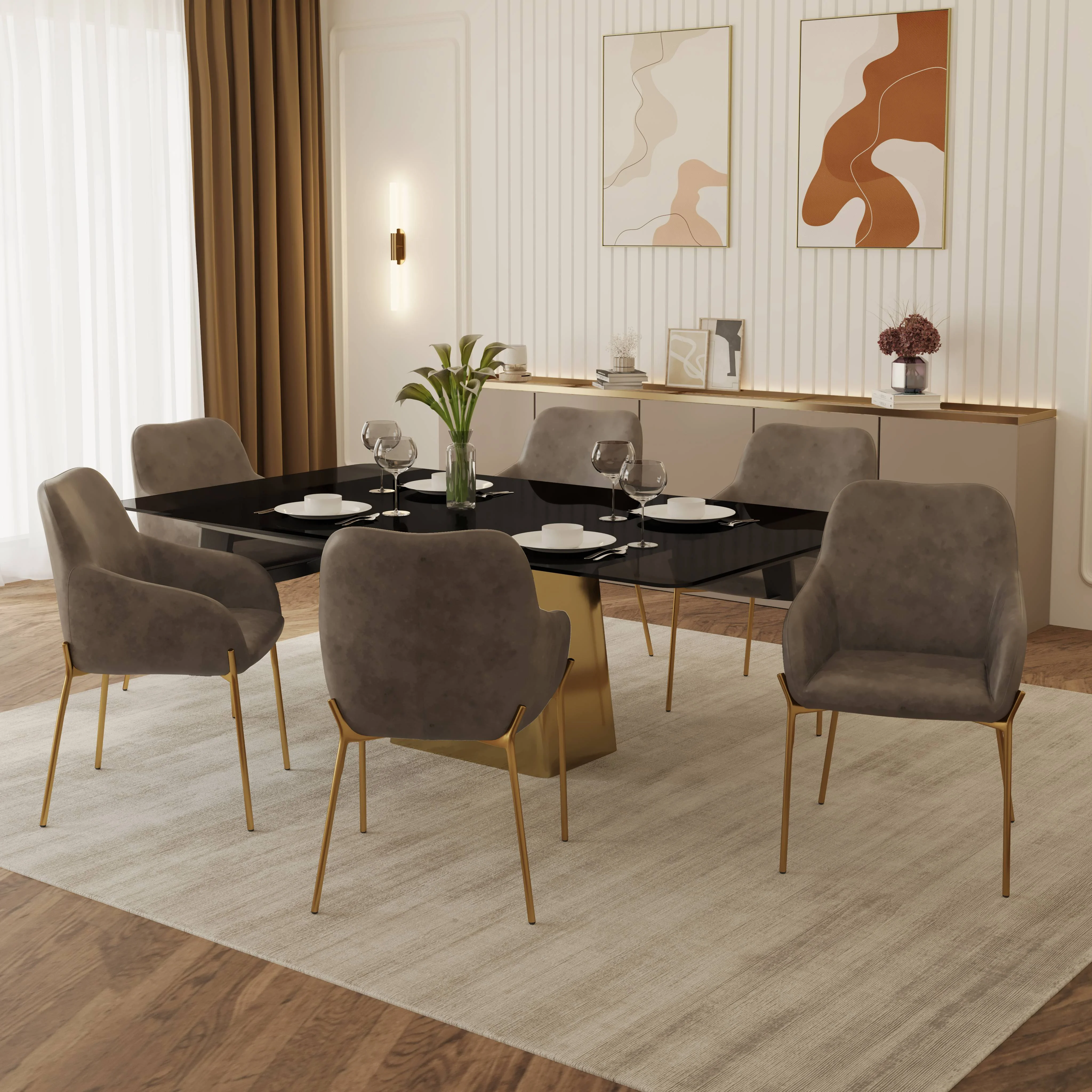 7-Piece Dining Set with Rectangular Glass Dining Table and 6 Upholstered Dining Arm Chairs