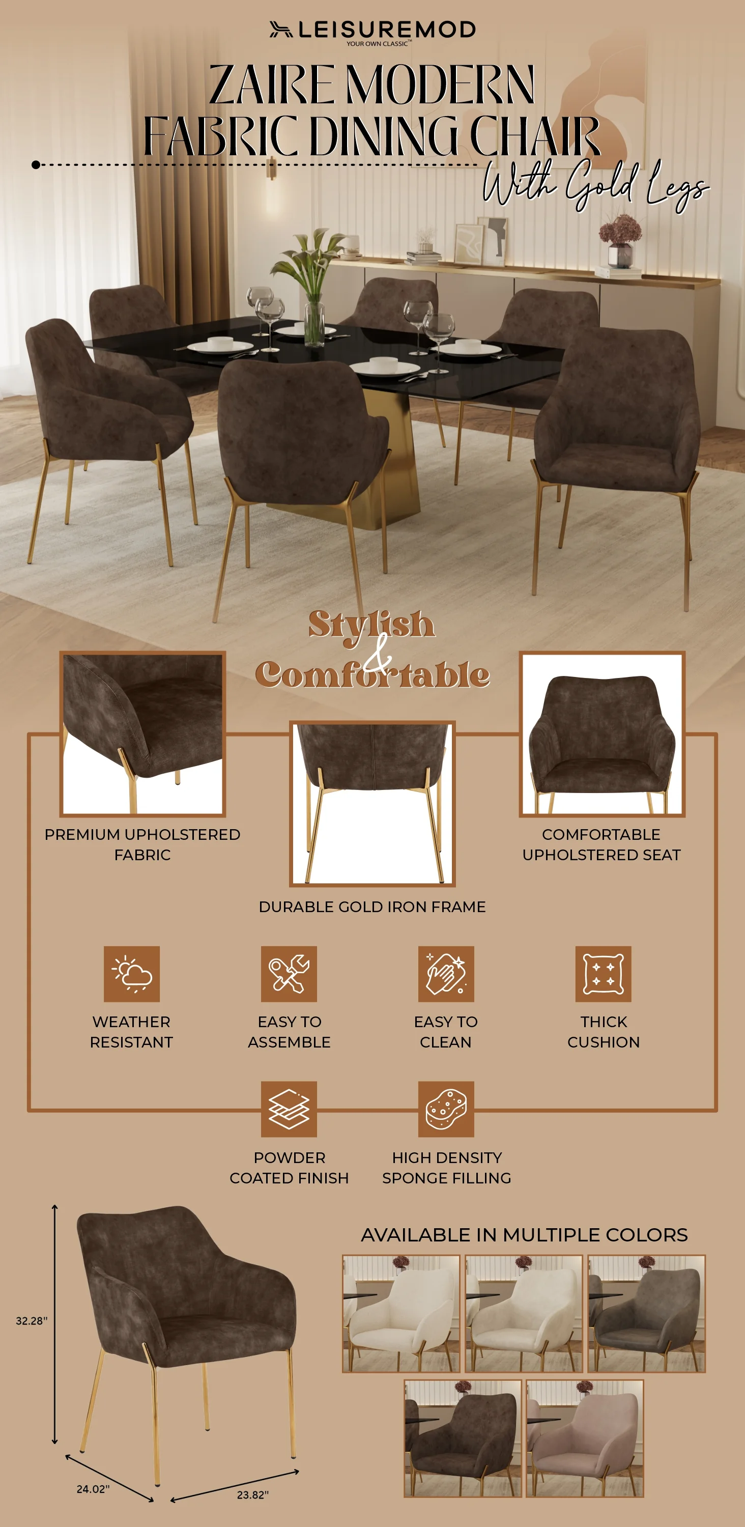 Zaire Collection Modern Dining Chair, Gold Legs and Dark Brown Velvet