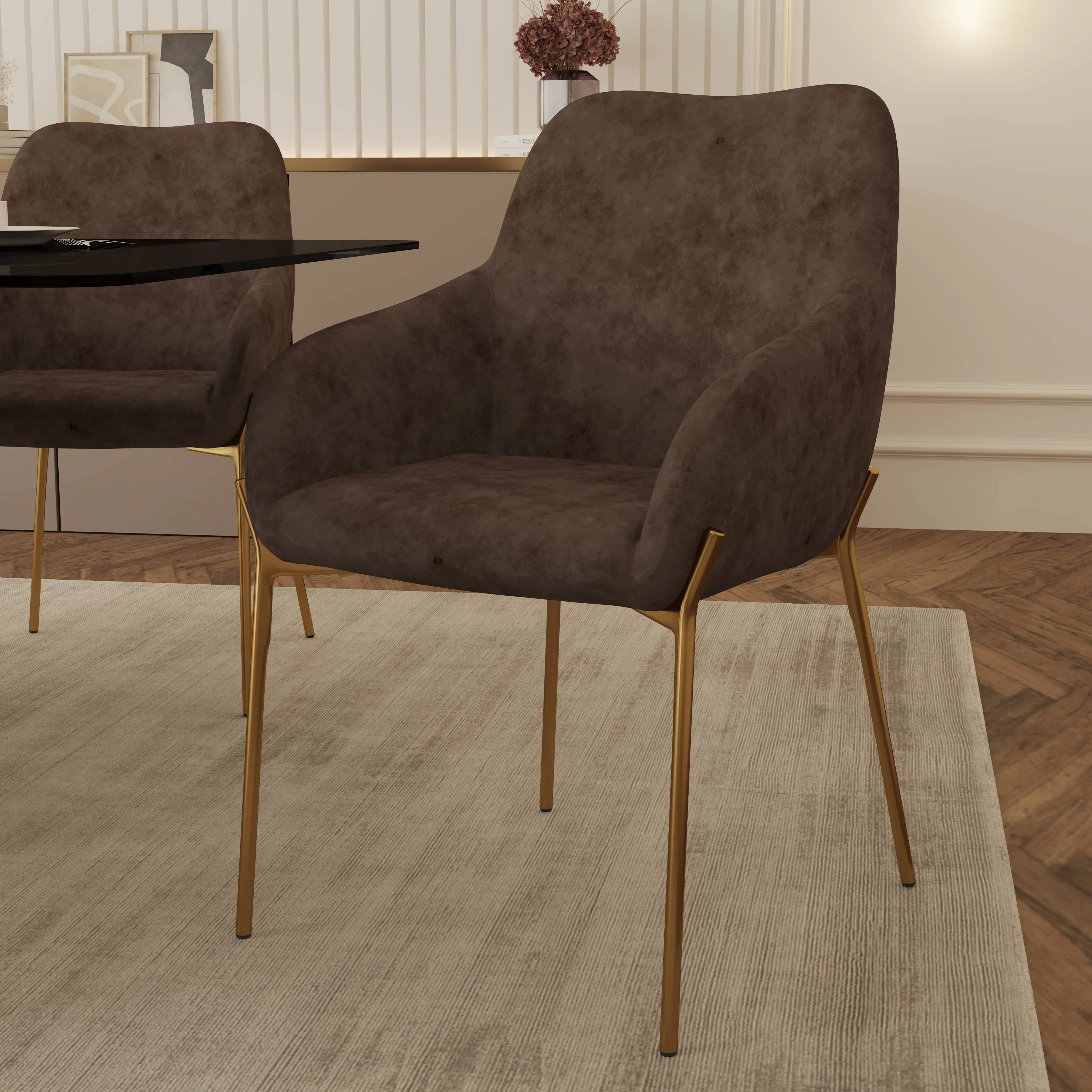 Zaire Collection Modern Dining Chair, Gold Legs and Dark Brown Velvet