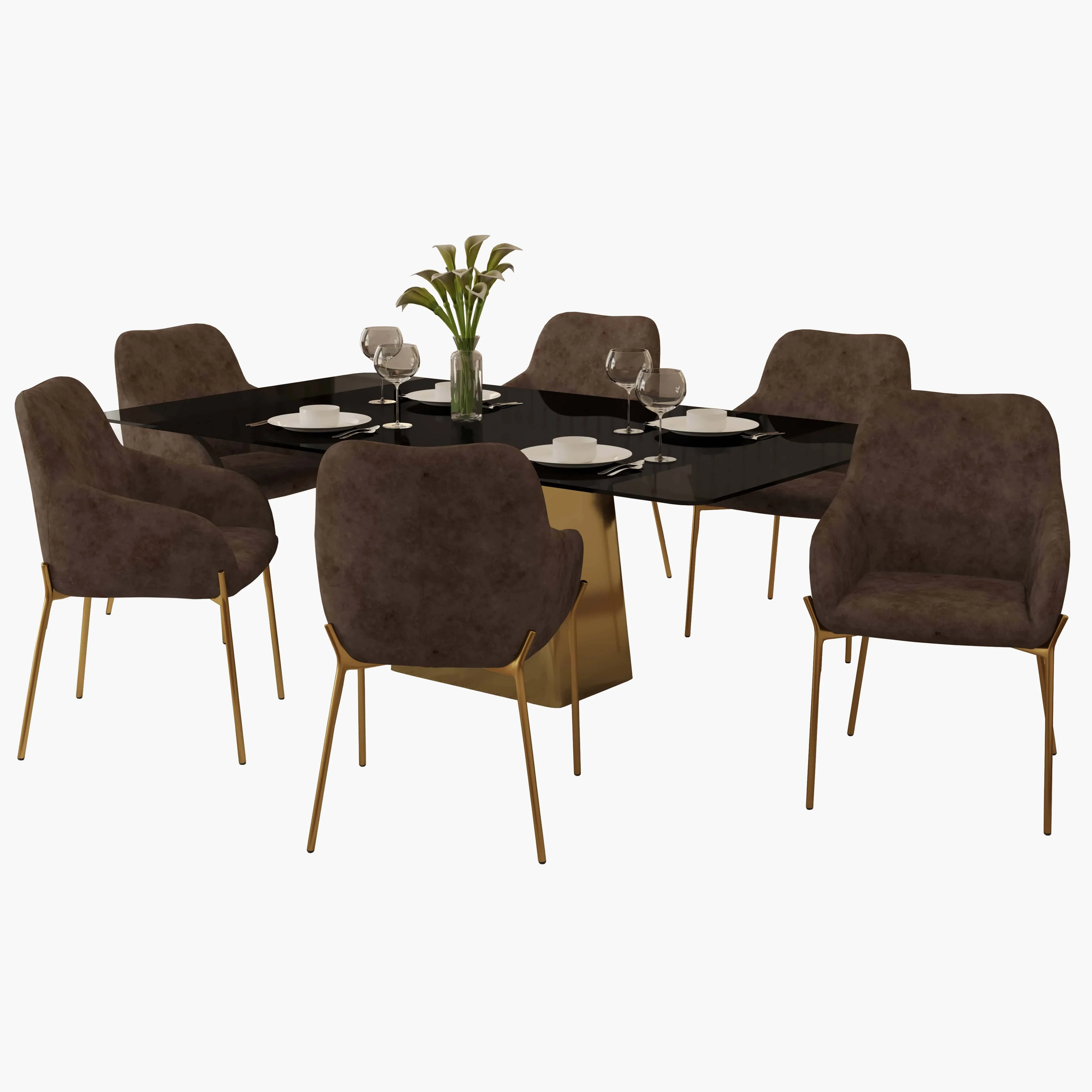 7-Piece Dining Set with Rectangular Glass Dining Table and 6 Upholstered Dining Arm Chairs