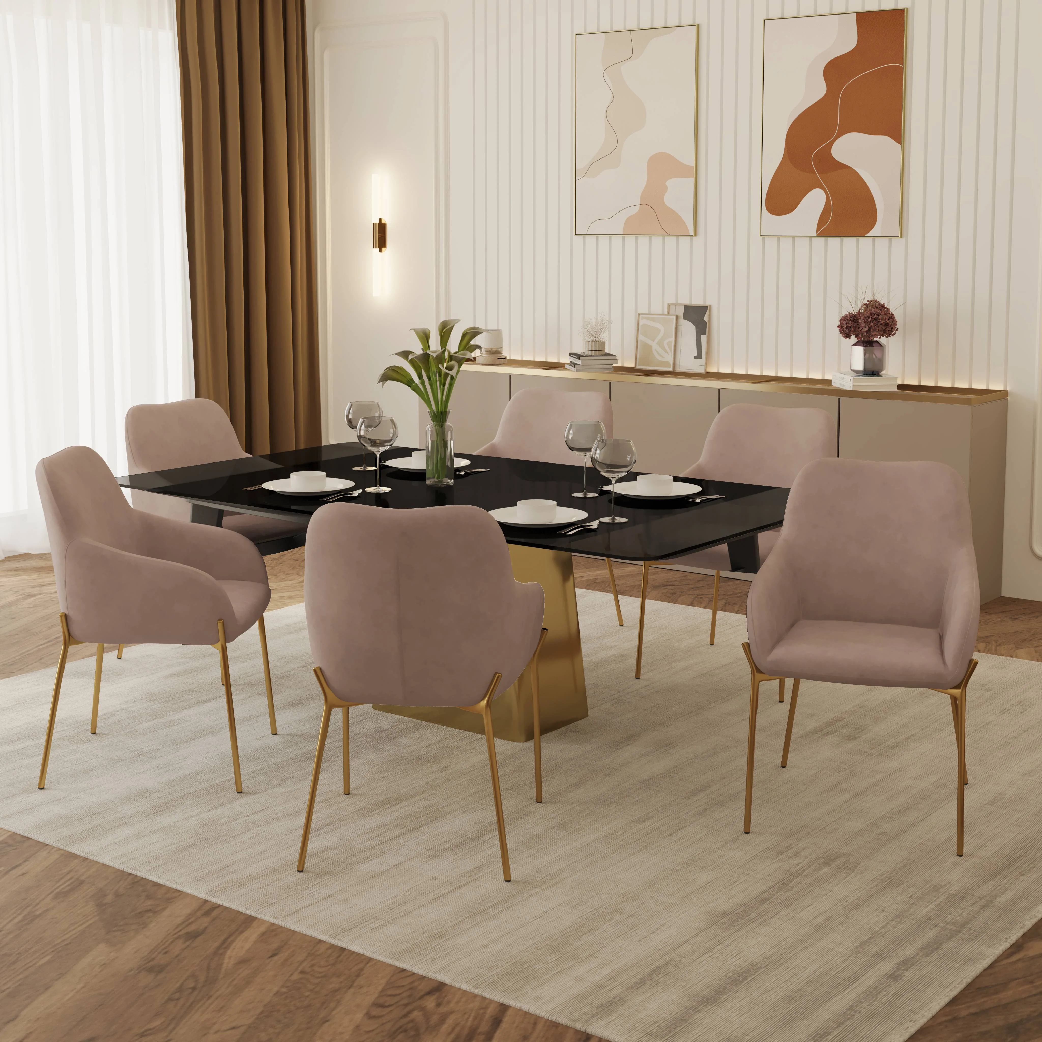 7-Piece Dining Set with Rectangular Glass Dining Table and 6 Upholstered Dining Arm Chairs