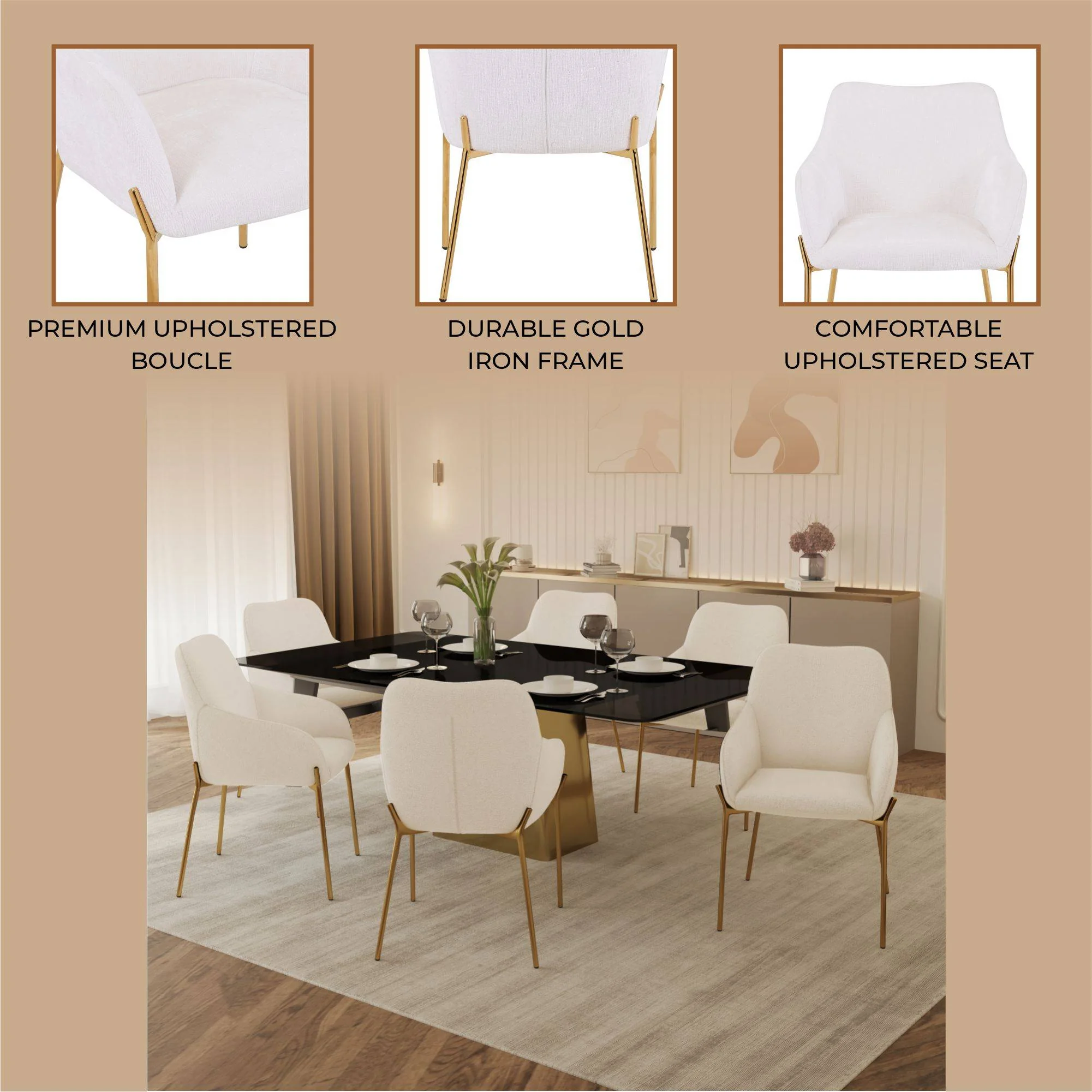 Zaire Collection Modern Dining Chair, Gold Legs and White Boucle