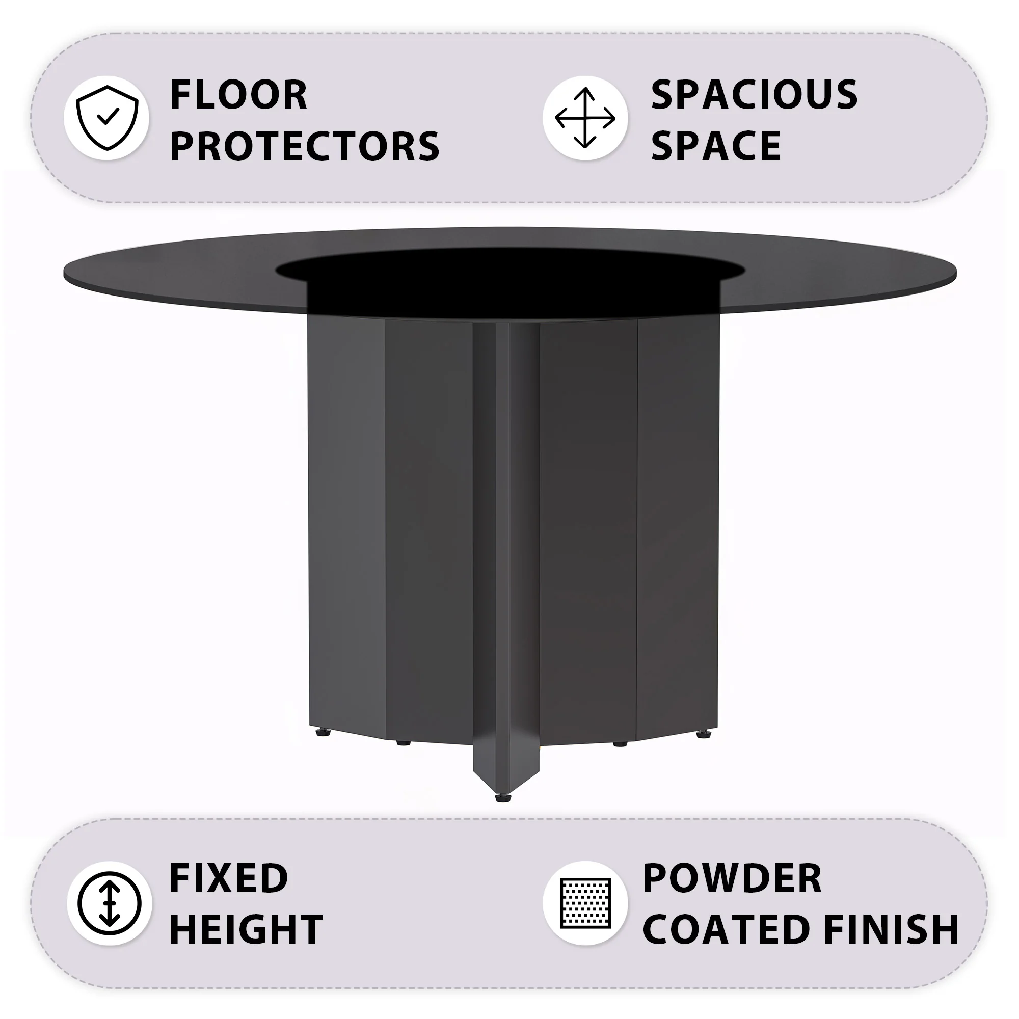 Zevro Series Round Dining Table Black Base with 60 Round BLack Glass Top