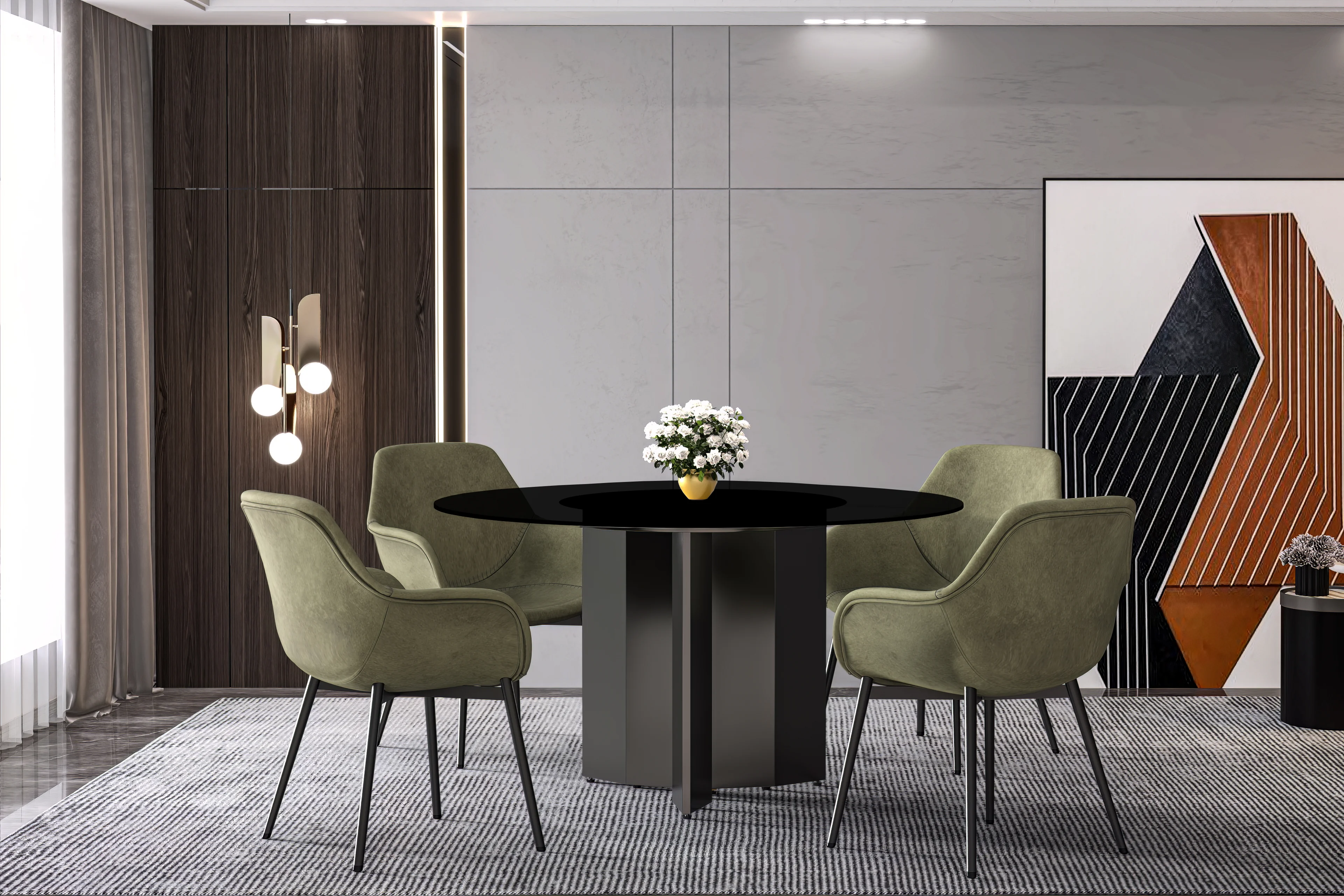 Zevro Series Round Dining Table Black Base with 60 Round BLack Glass Top