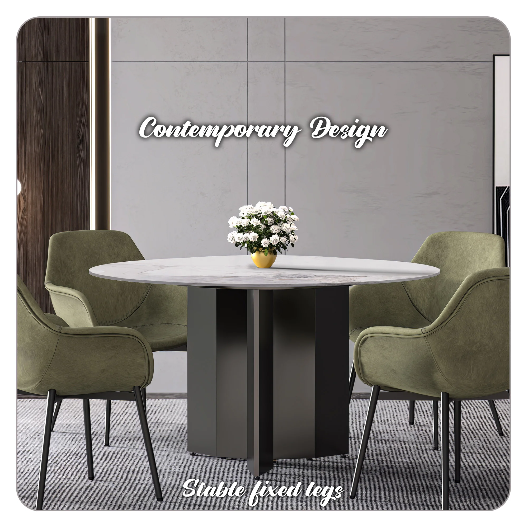 Zevro Series Round Dining Table Black Base with 60 Round White Grey Sintered Stone Top