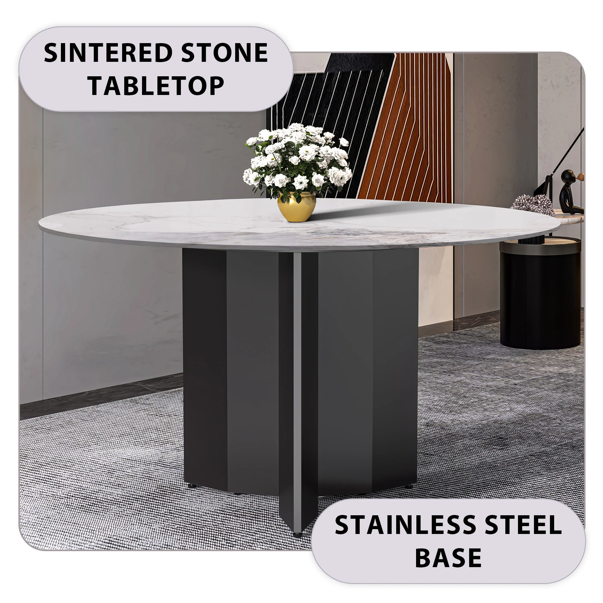 Zevro Series Round Dining Table Black Base with 60 Round White Grey Sintered Stone Top