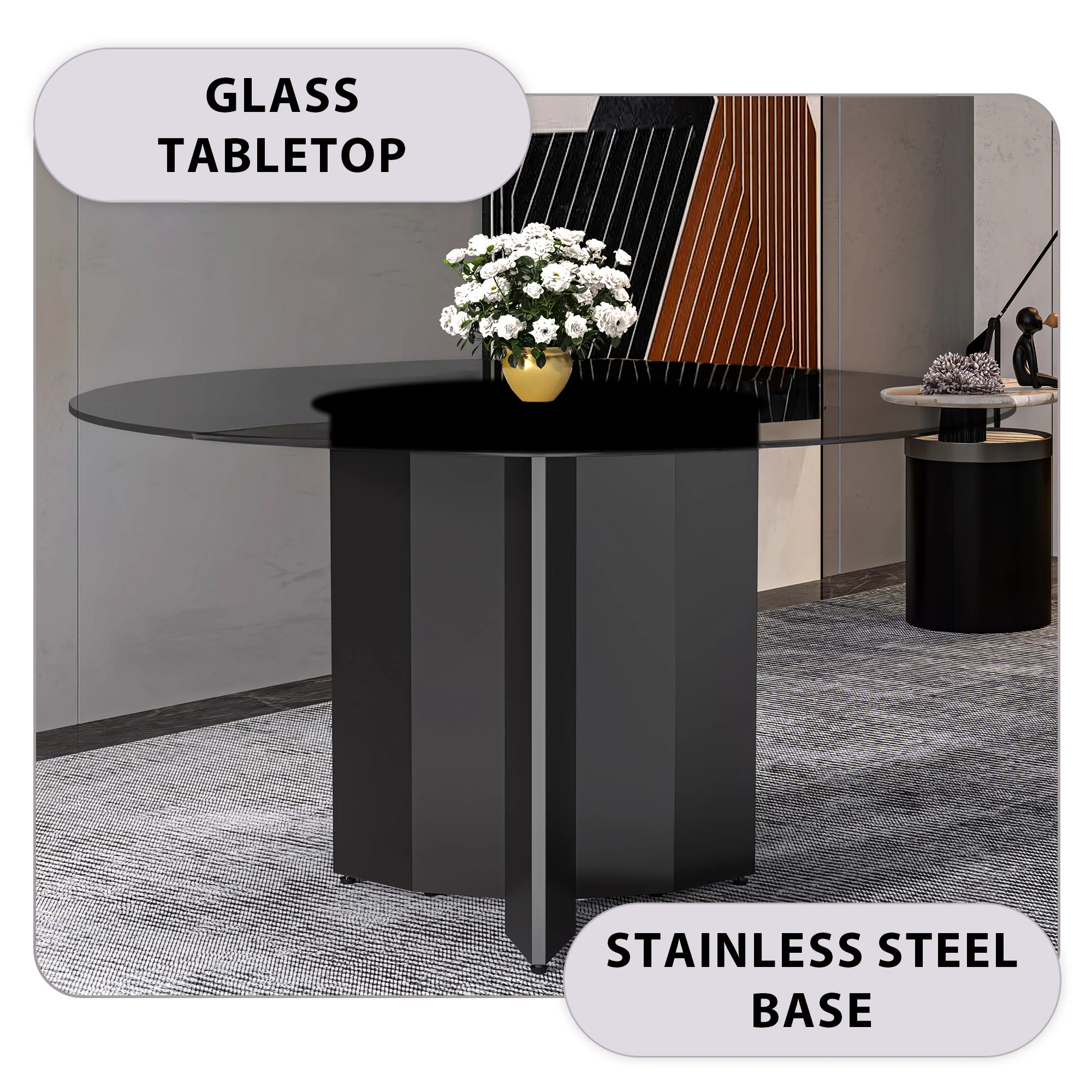 Zevro Series Round Dining Table Black Base with 60 Round Clear Glass Top
