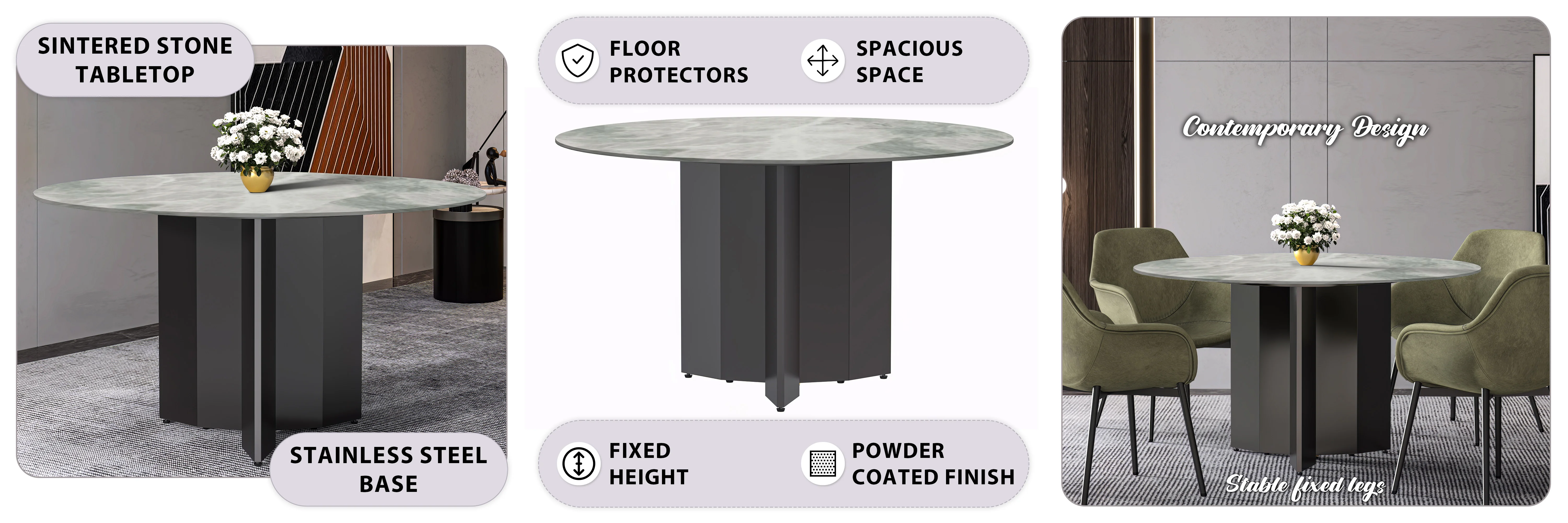 Zevro Series Round Dining Table Black Base with 60 Round Light Grey Sintered Stone Top