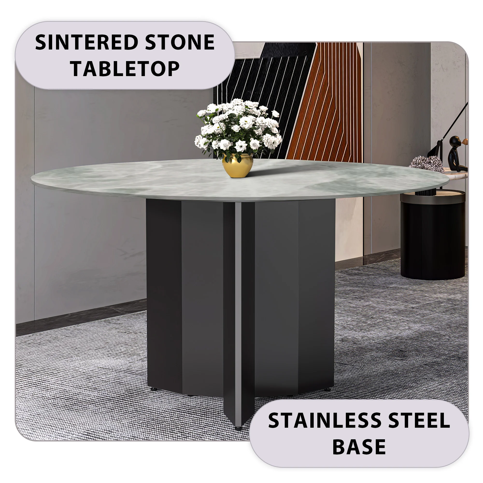 Zevro Series Round Dining Table Black Base with 60 Round Light Grey Sintered Stone Top