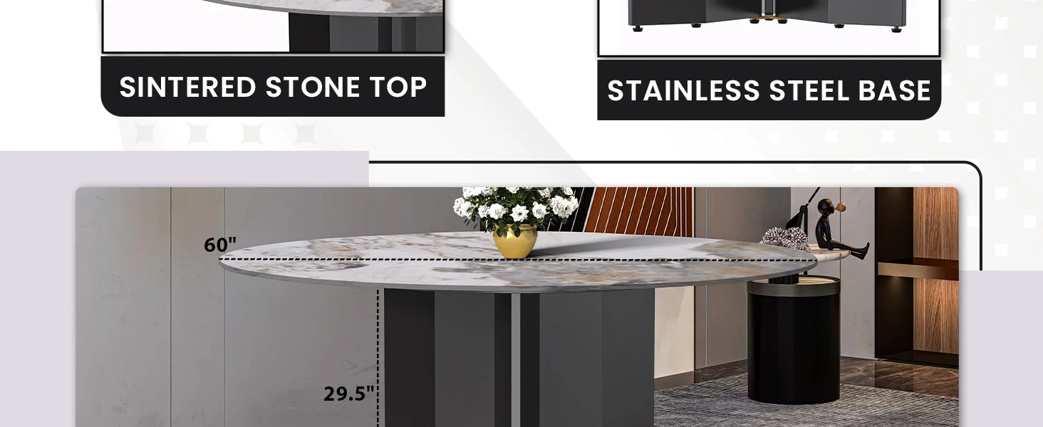 Zevro Series Round Dining Table Black Base with 60 Round Medium Grey Sintered Stone Top