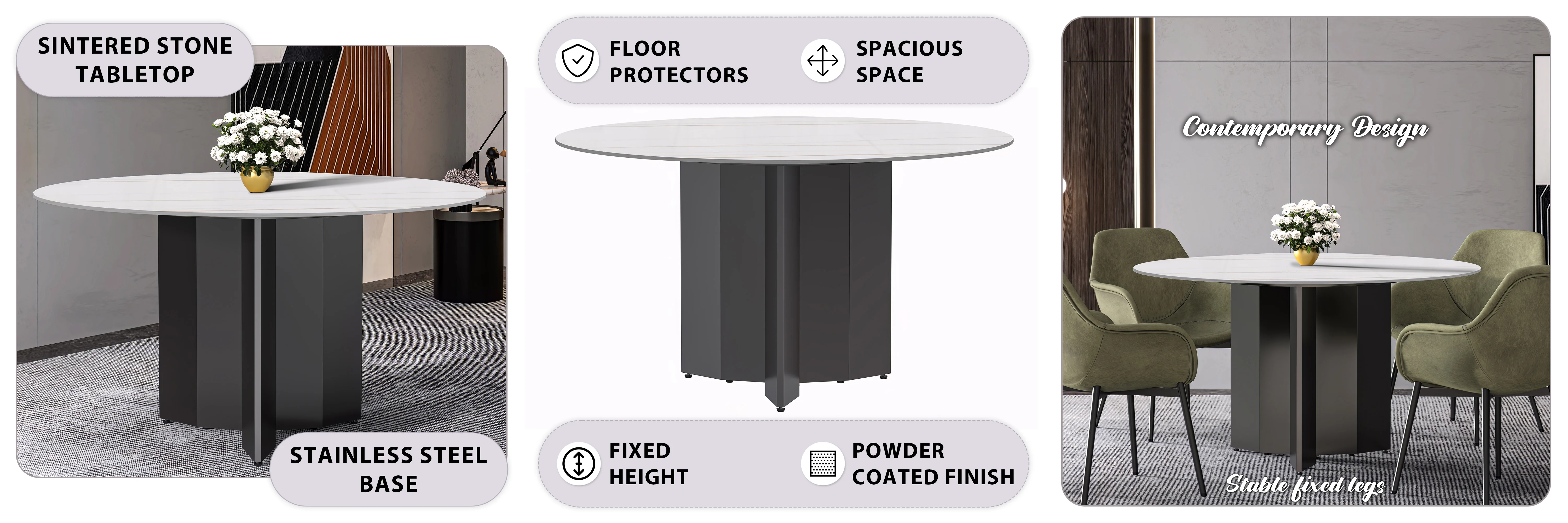 Zevro Series Round Dining Table Black Base with 60 Round White/Gold Sintered Stone Top