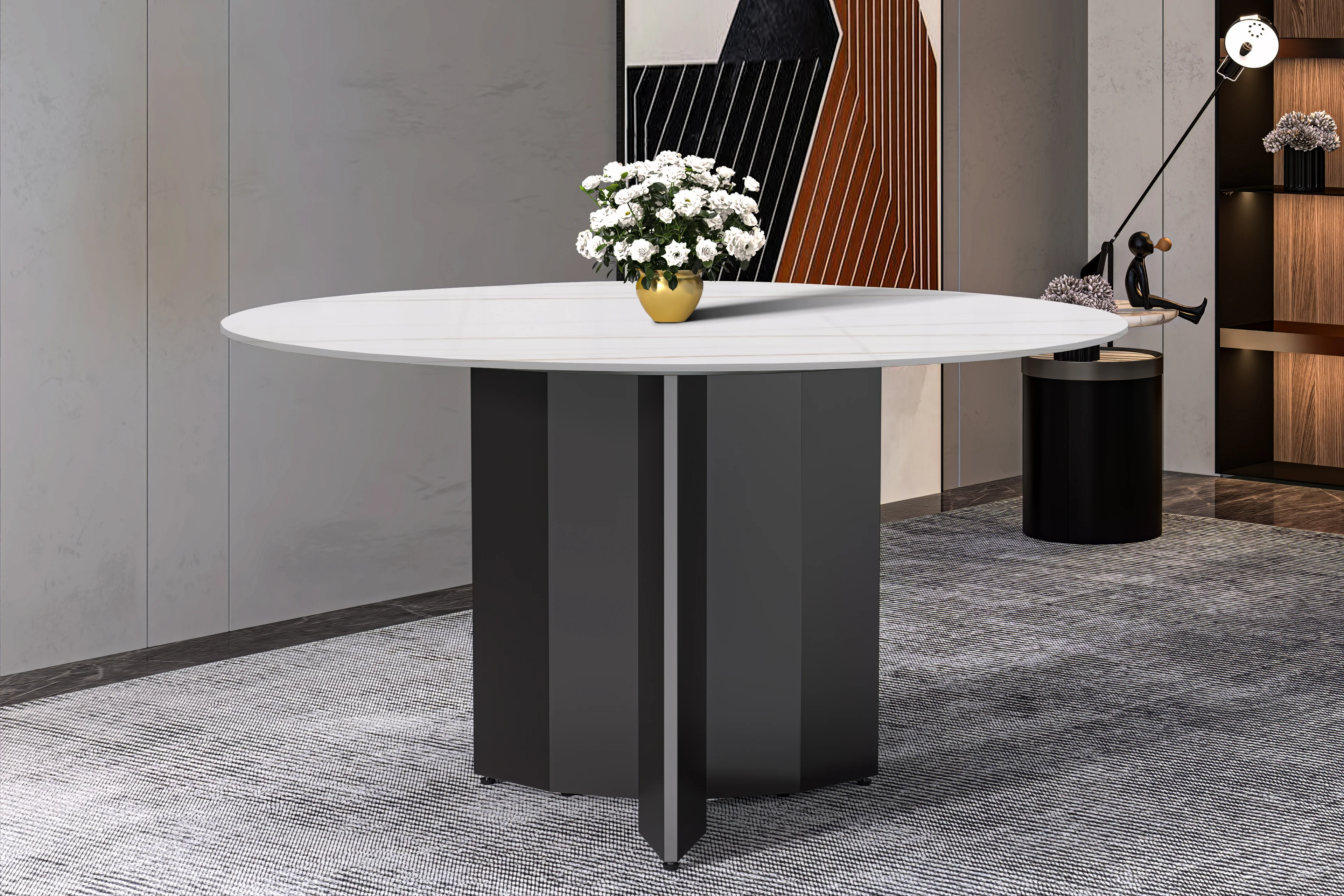 Zevro Series Round Dining Table Black Base with 60 Round White/Gold Sintered Stone Top