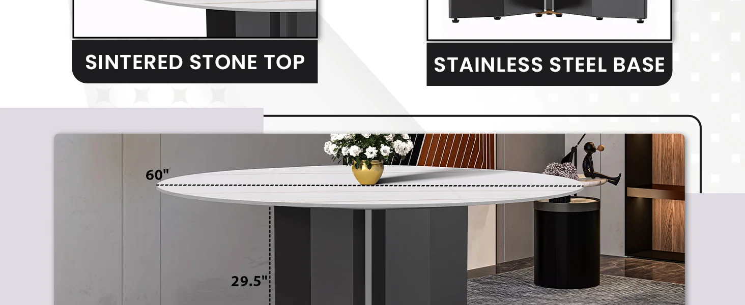 Zevro Series Round Dining Table Black Base with 60 Round White/Gold Sintered Stone Top